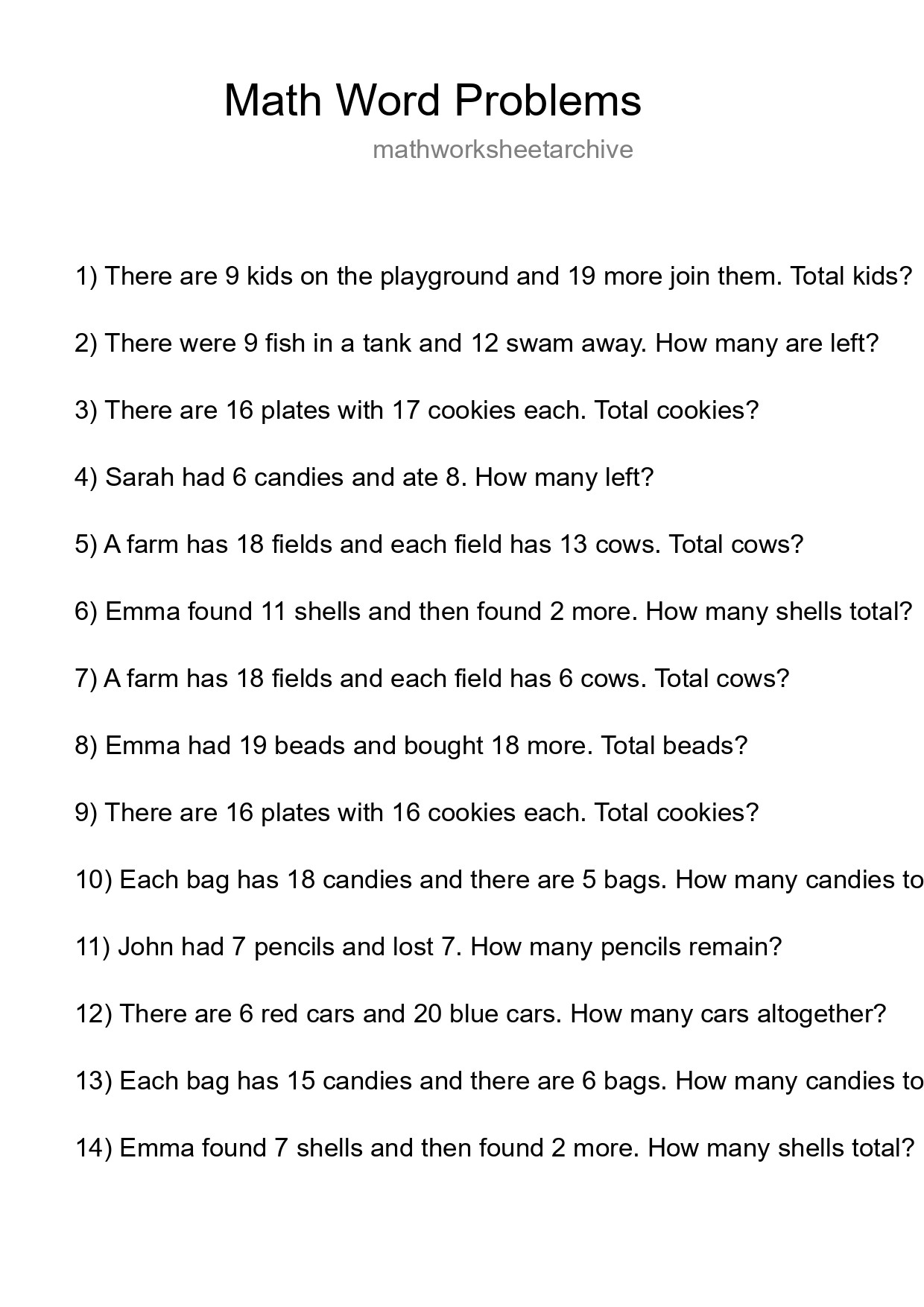 Math Word Problem Worksheet