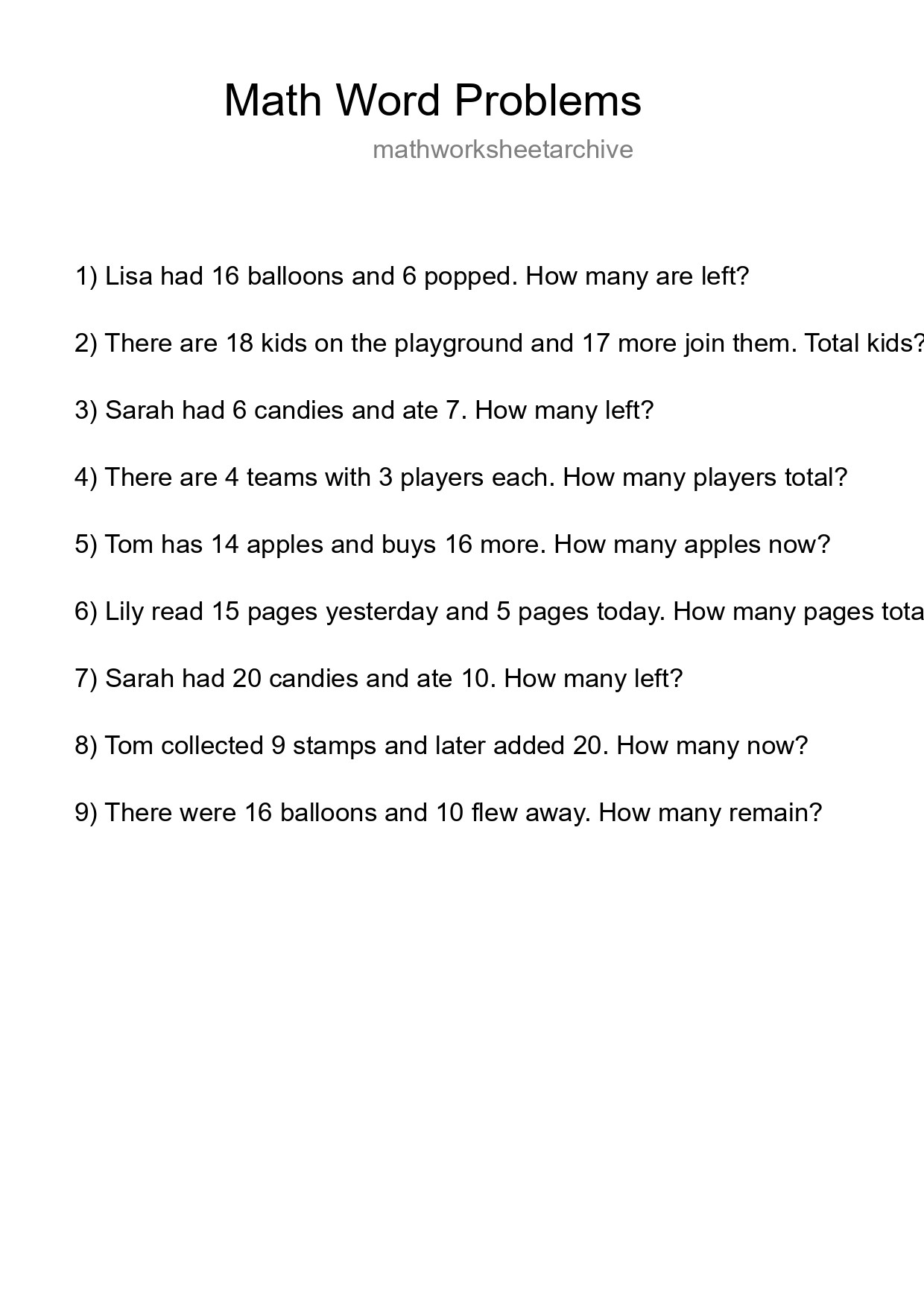 Math Word Problem Worksheet