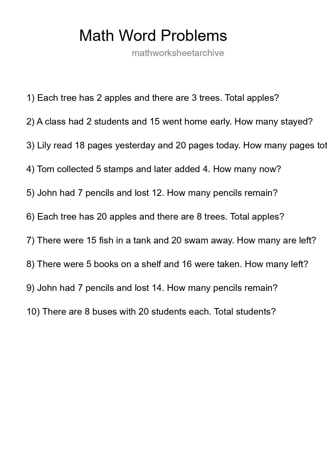 Math Word Problem Worksheet