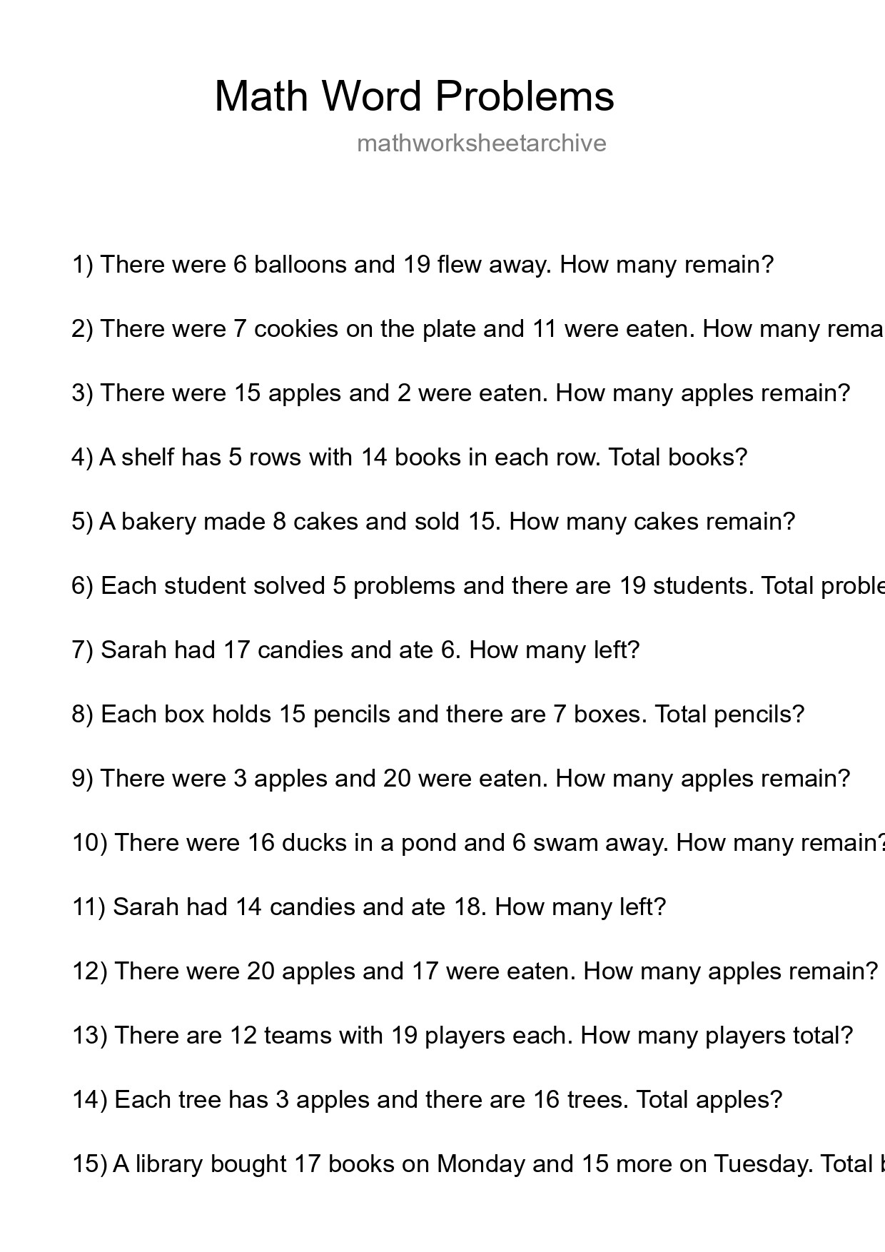 Math Word Problem Worksheet