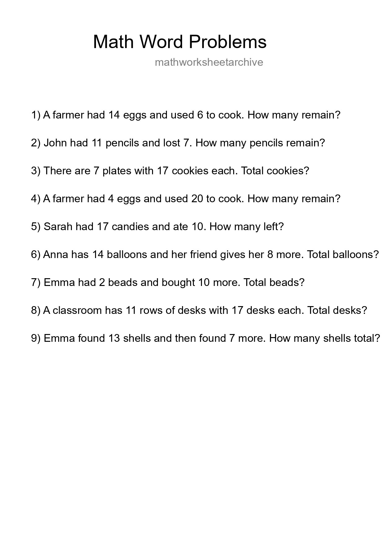 Math Word Problem Worksheet