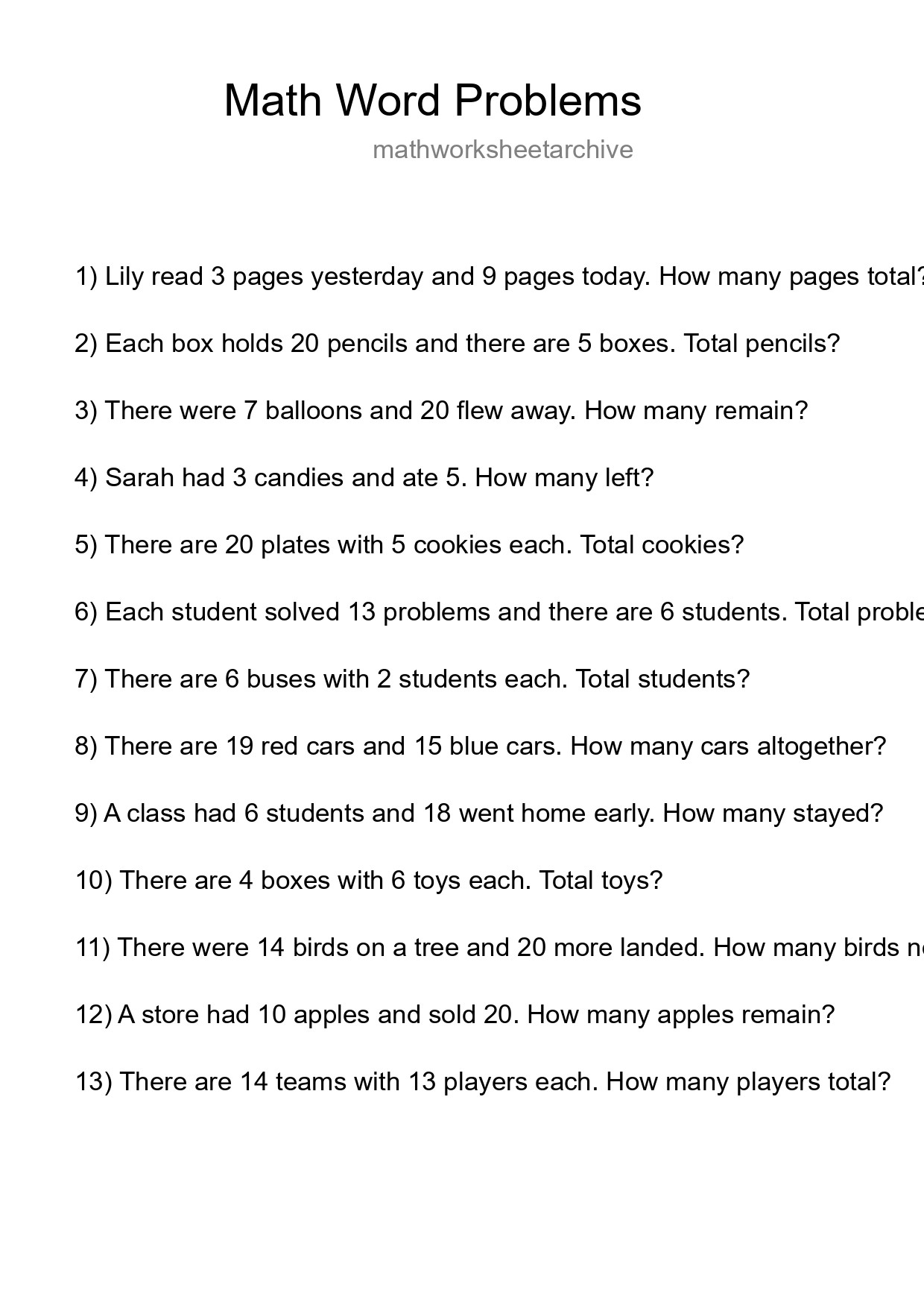 Math Word Problem Worksheet