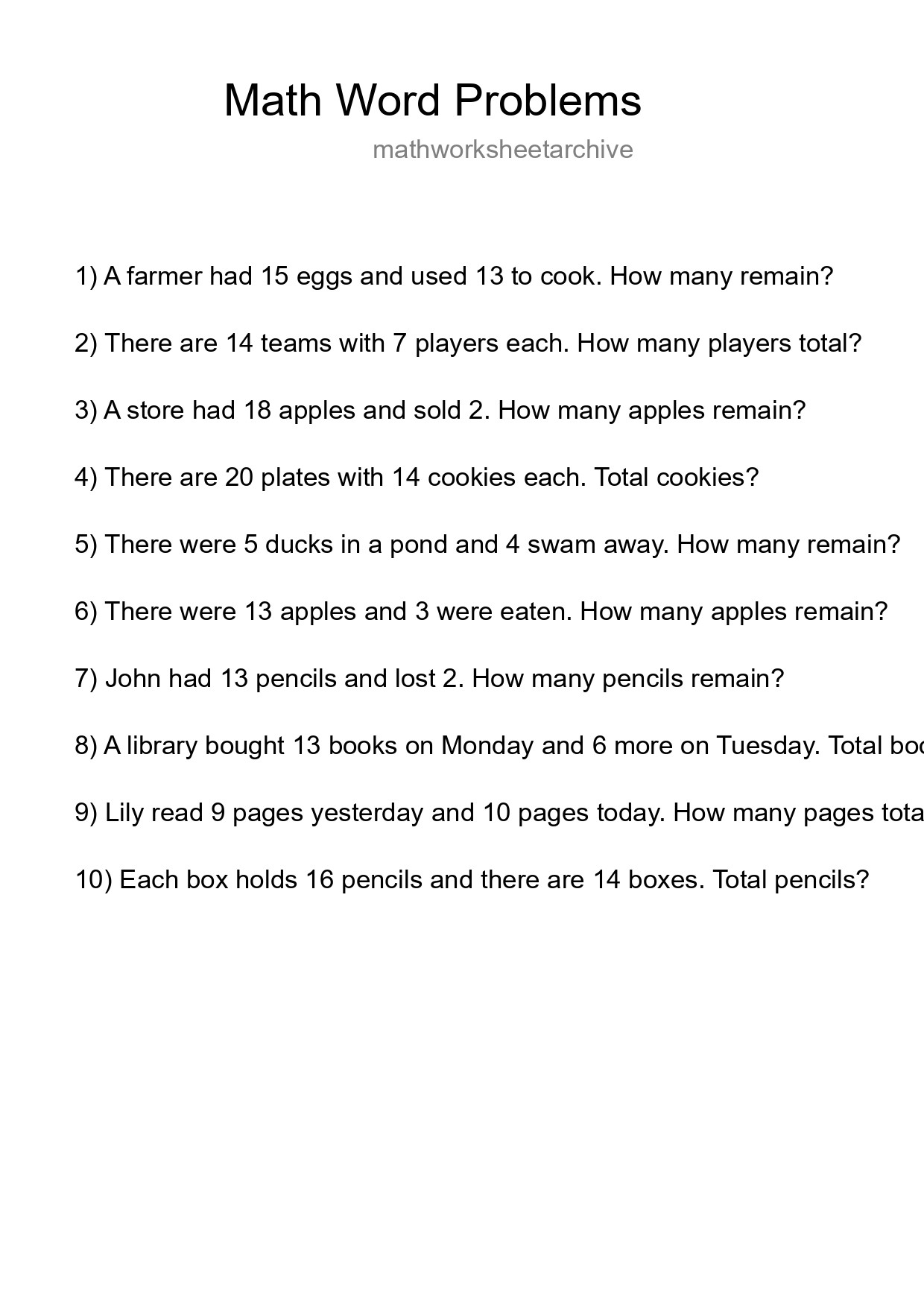 Math Word Problem Worksheet