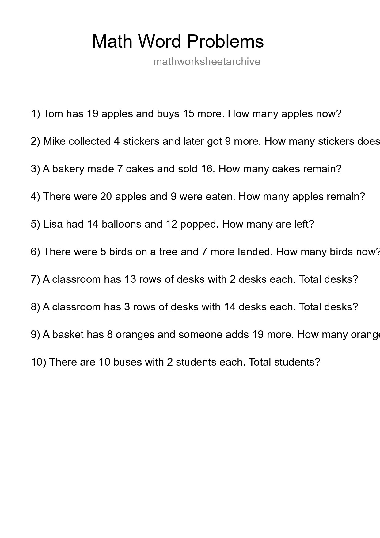 Math Word Problem Worksheet