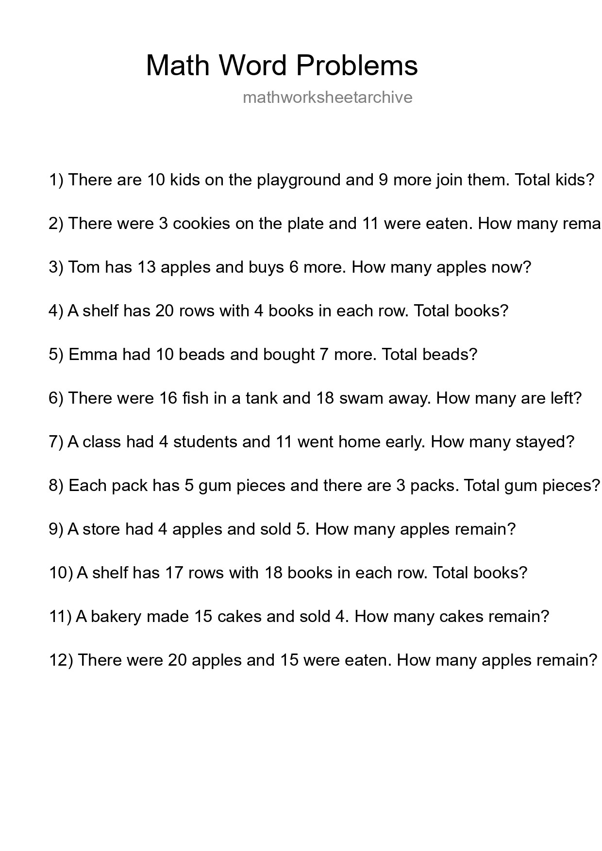 Math Word Problem Worksheet