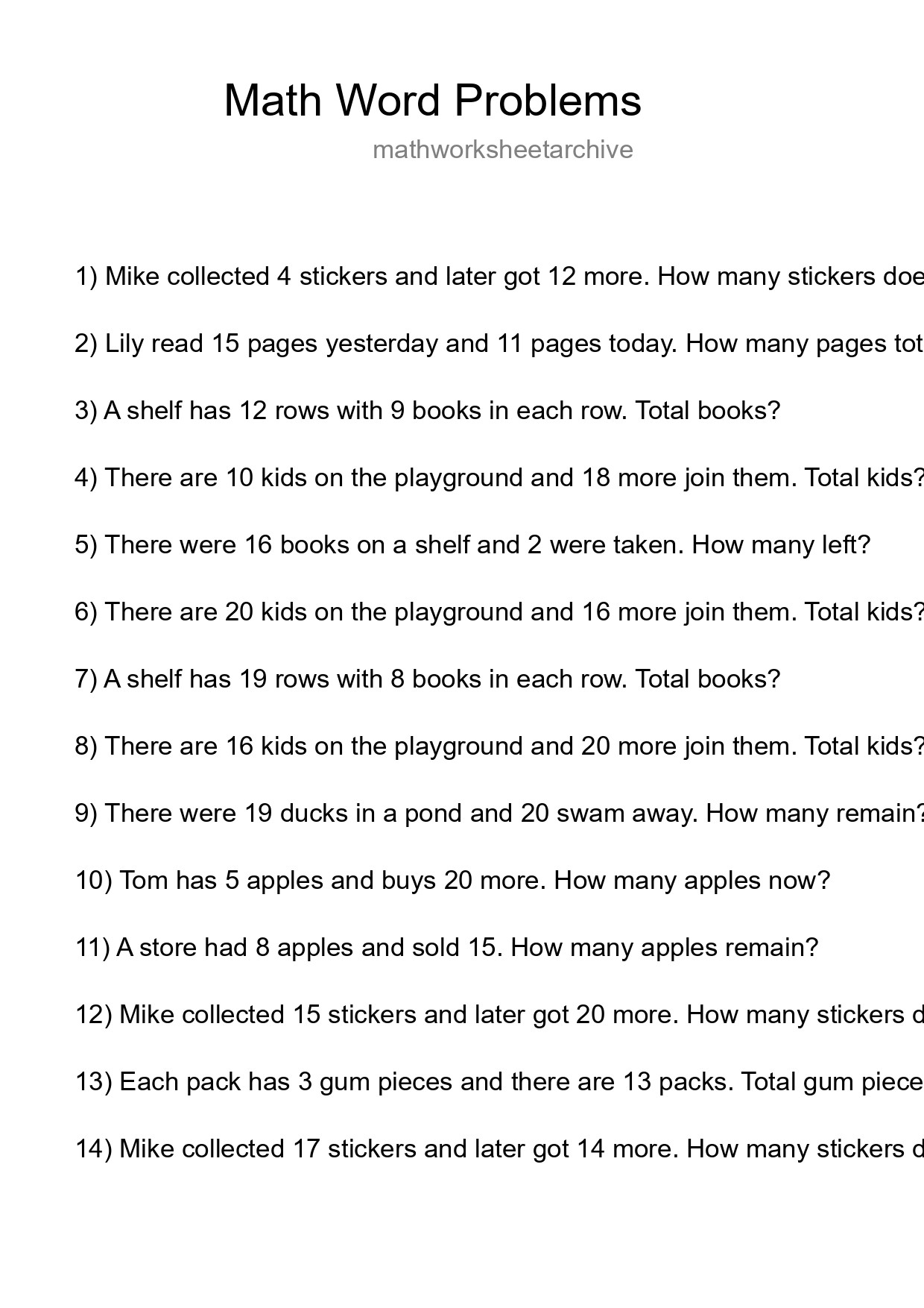 Math Word Problem Worksheet