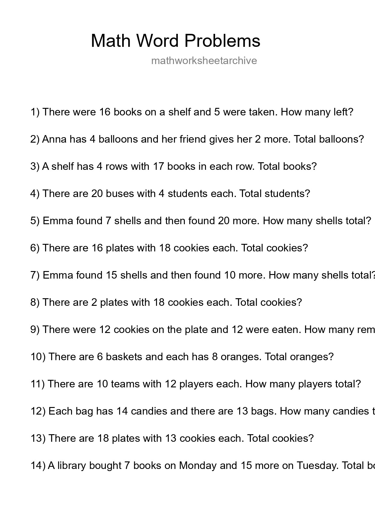 Math Word Problem Worksheet