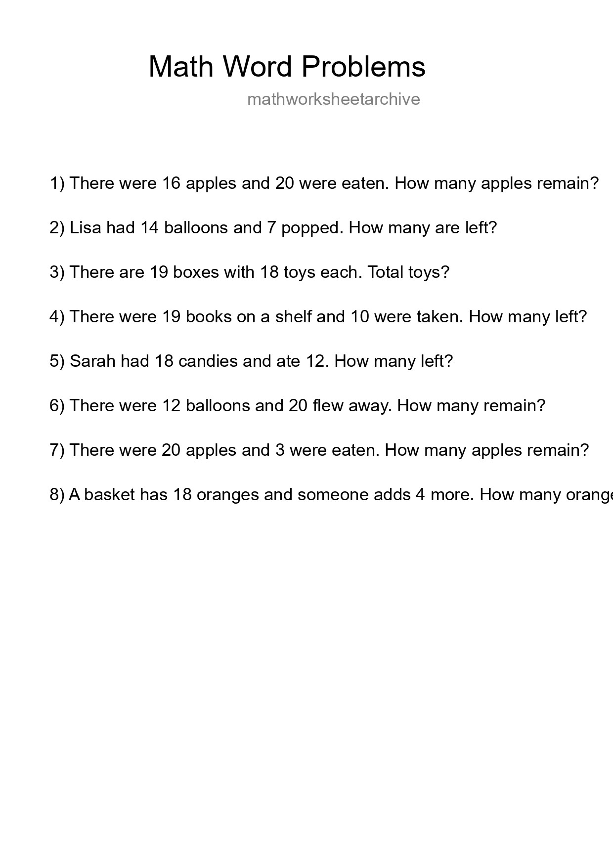 Math Word Problem Worksheet