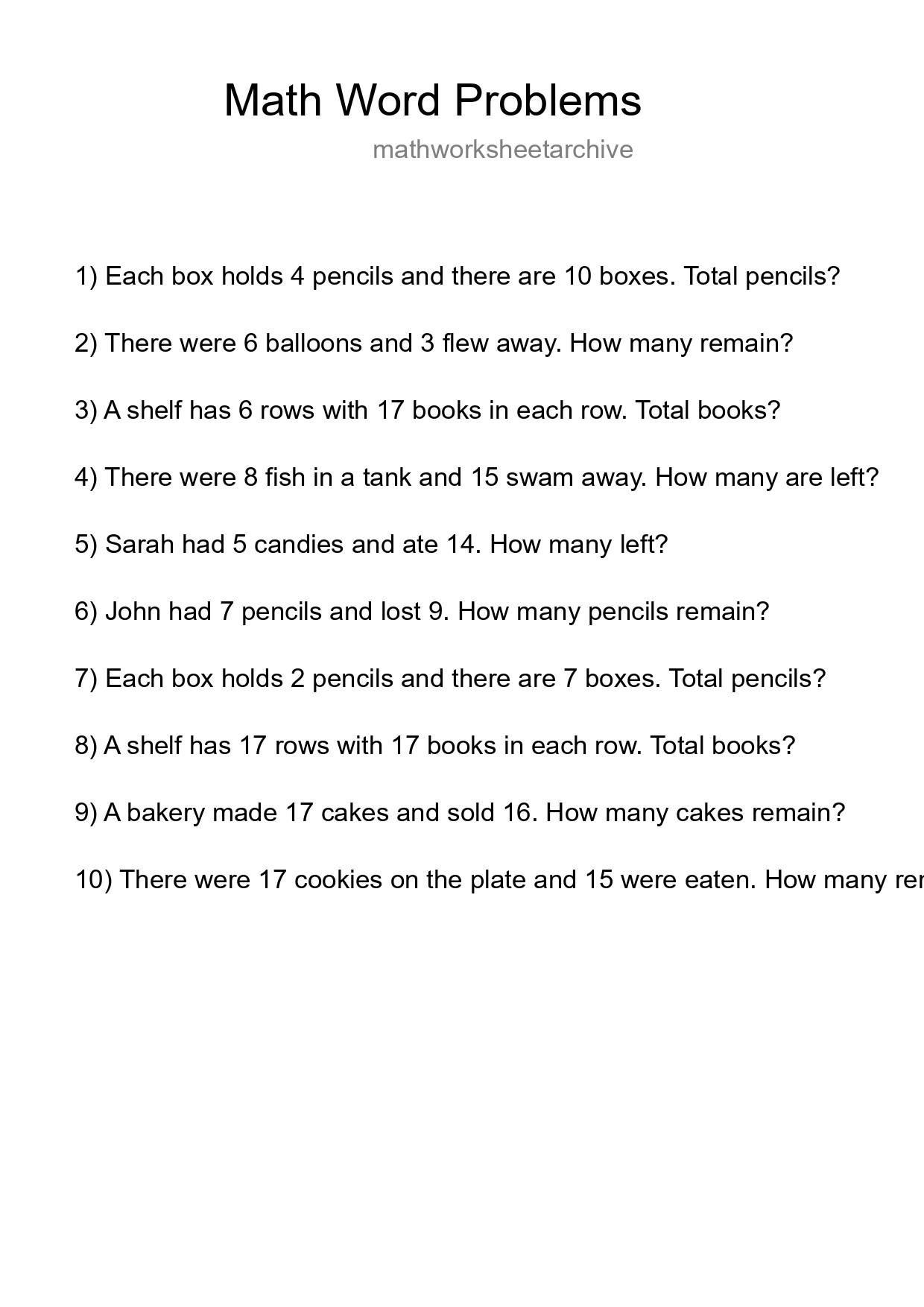 Math Word Problem Worksheet
