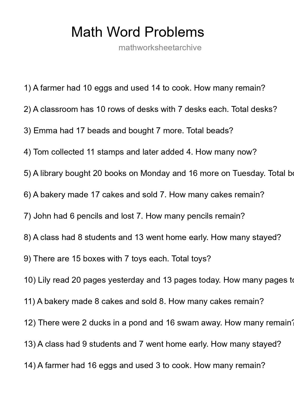 Math Word Problem Worksheet