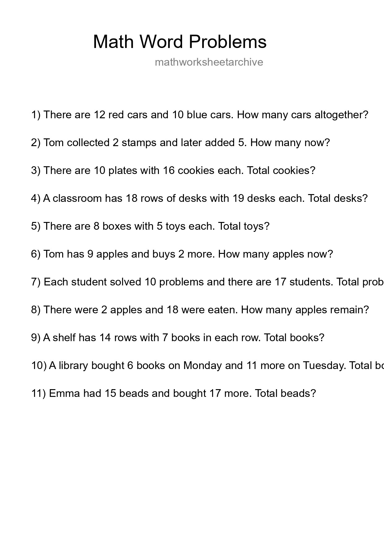 Math Word Problem Worksheet
