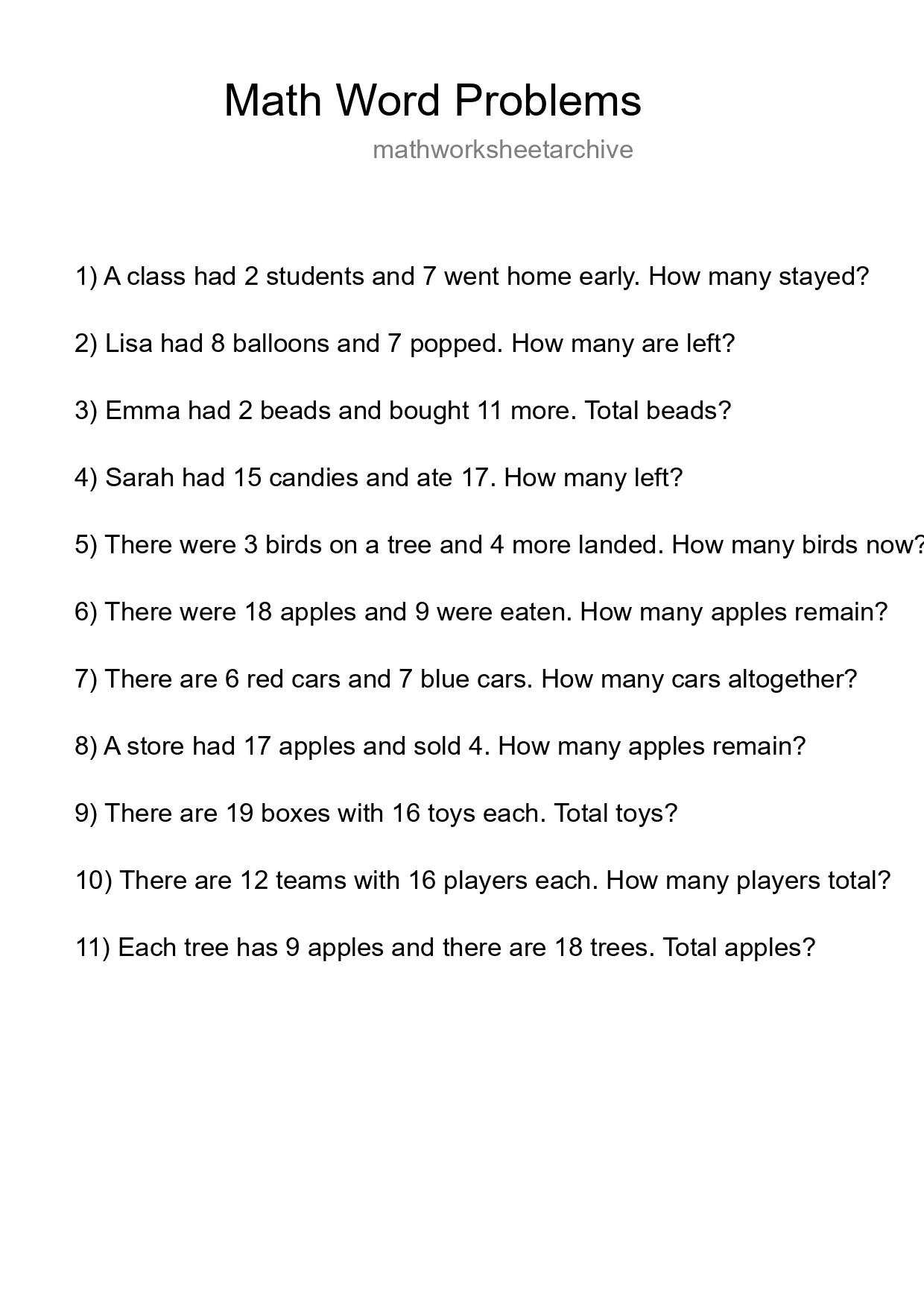 Math Word Problem Worksheet