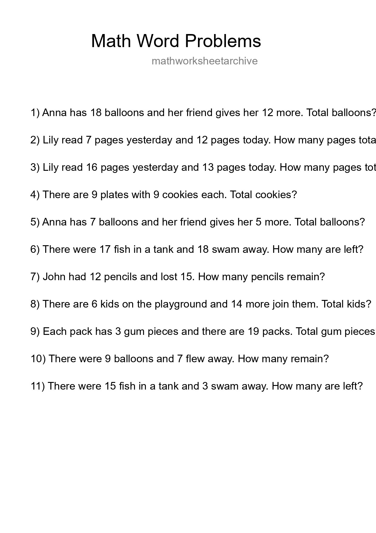 Math Word Problem Worksheet