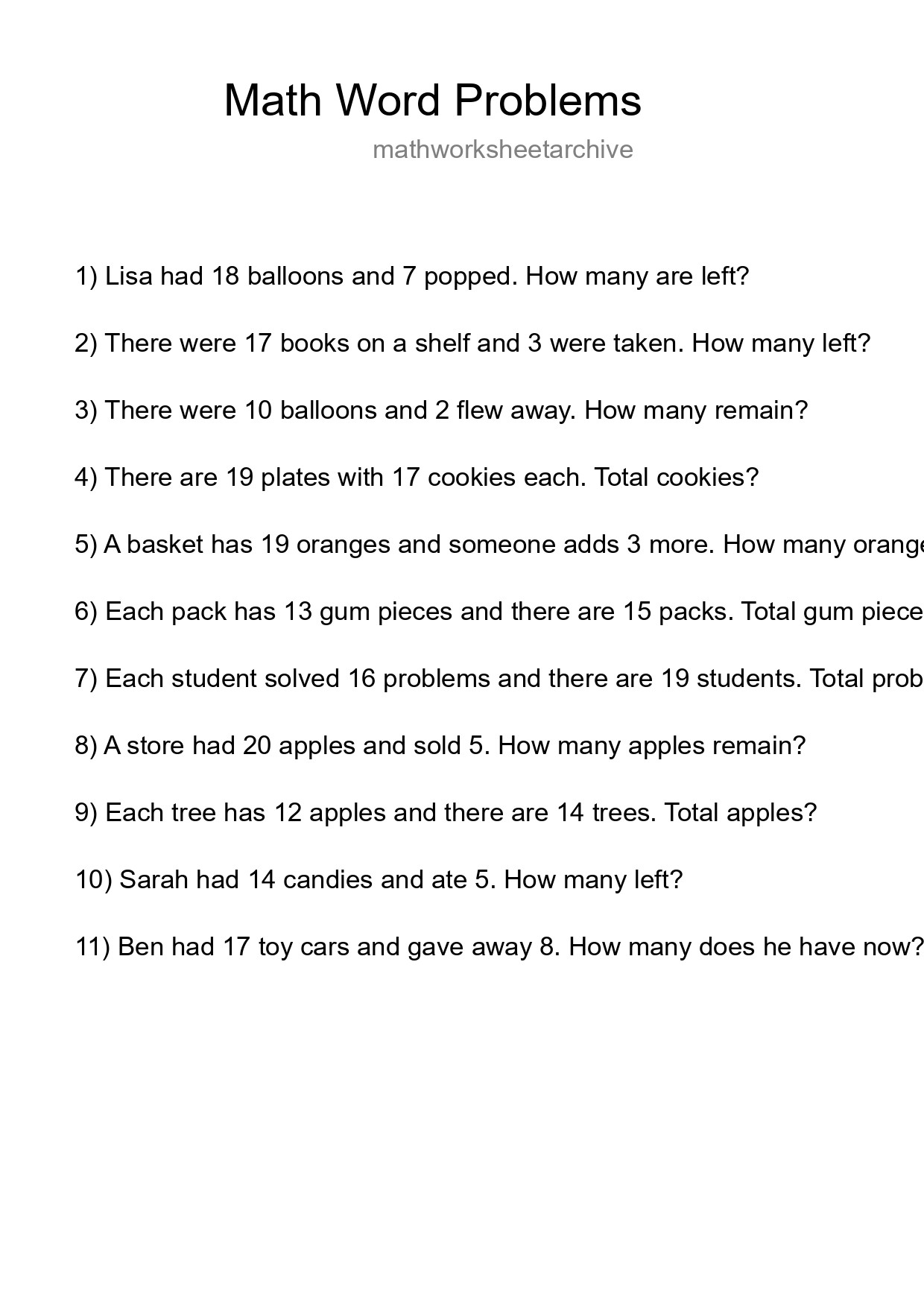 Math Word Problem Worksheet