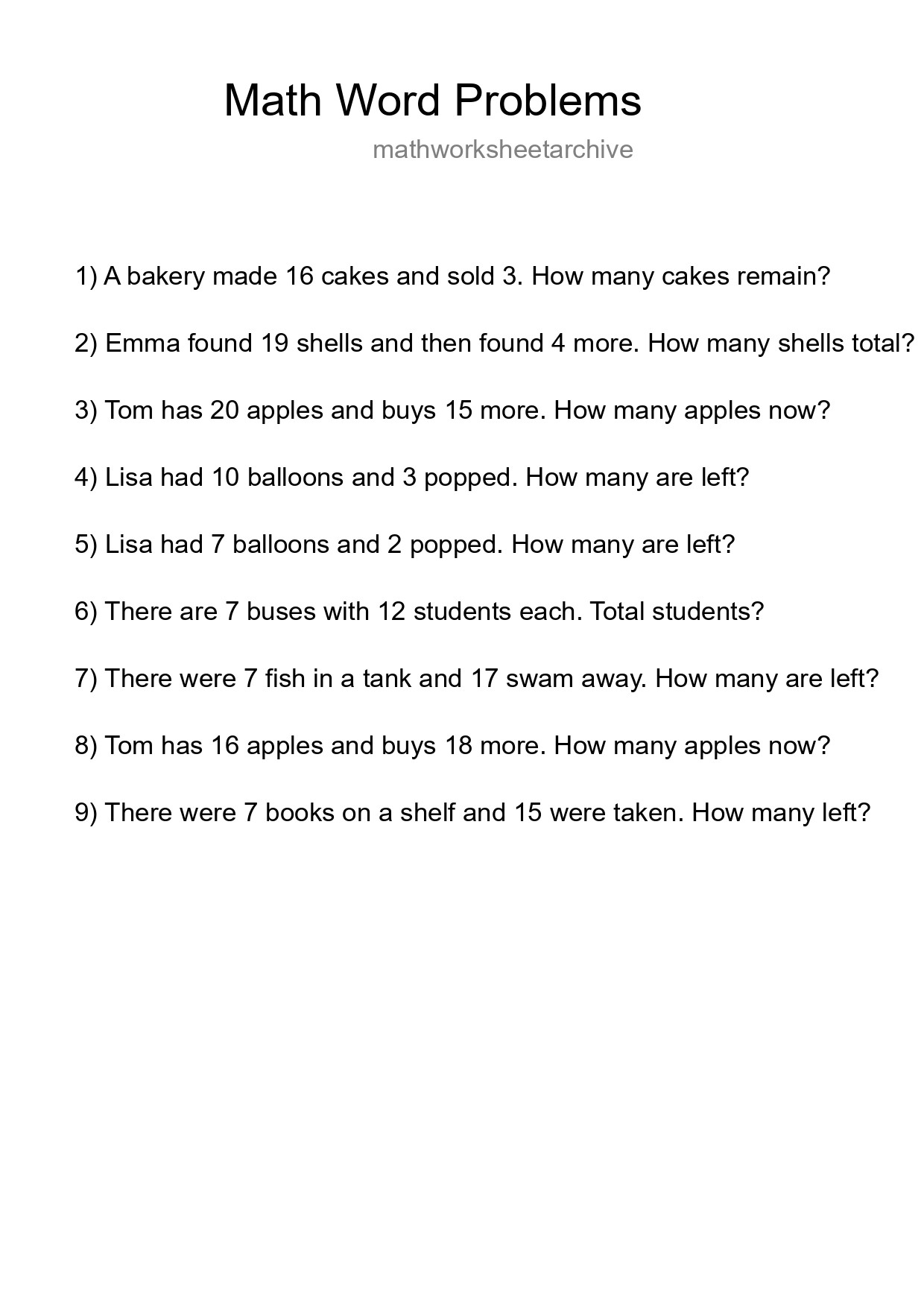Math Word Problem Worksheet