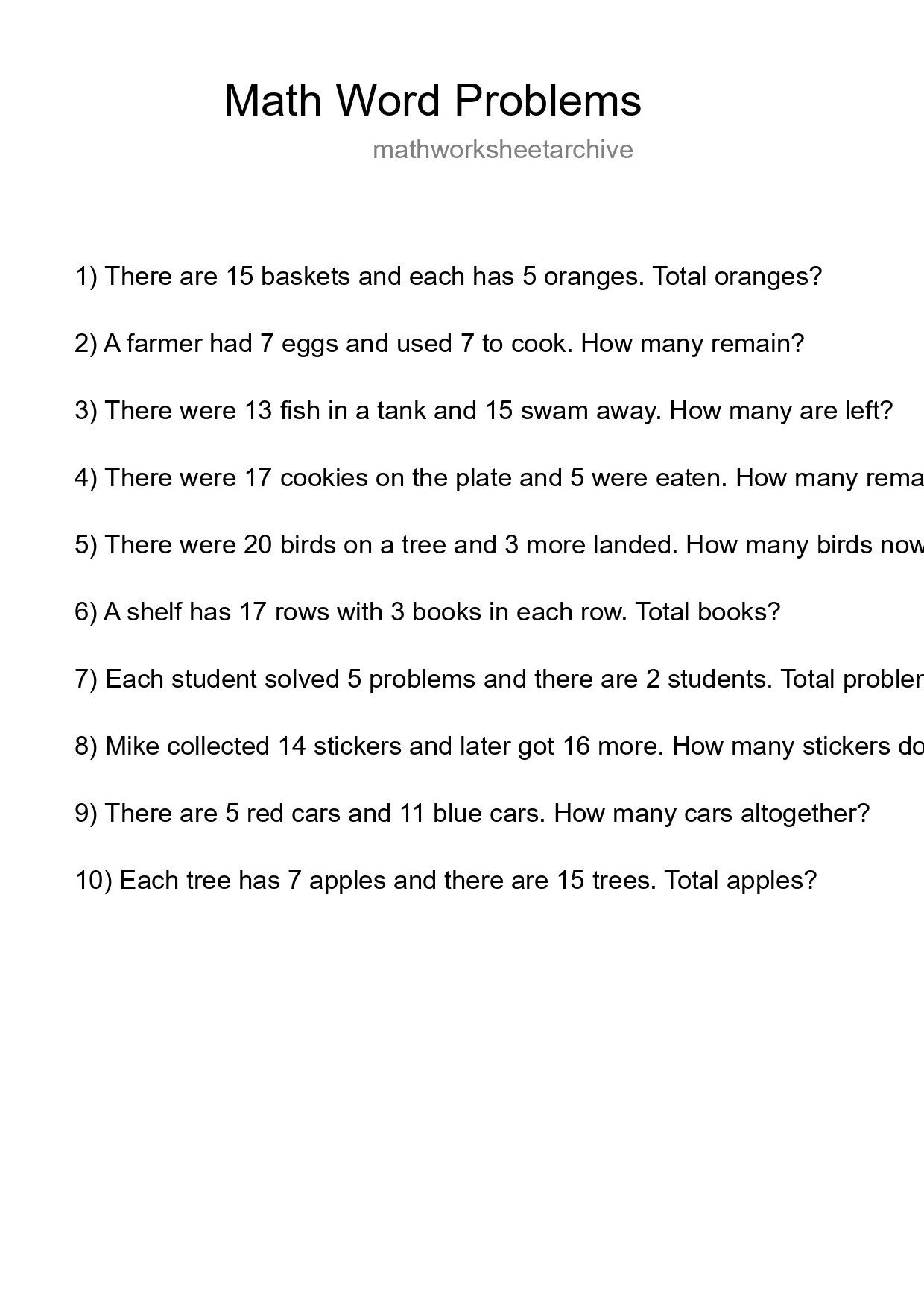 Math Word Problem Worksheet
