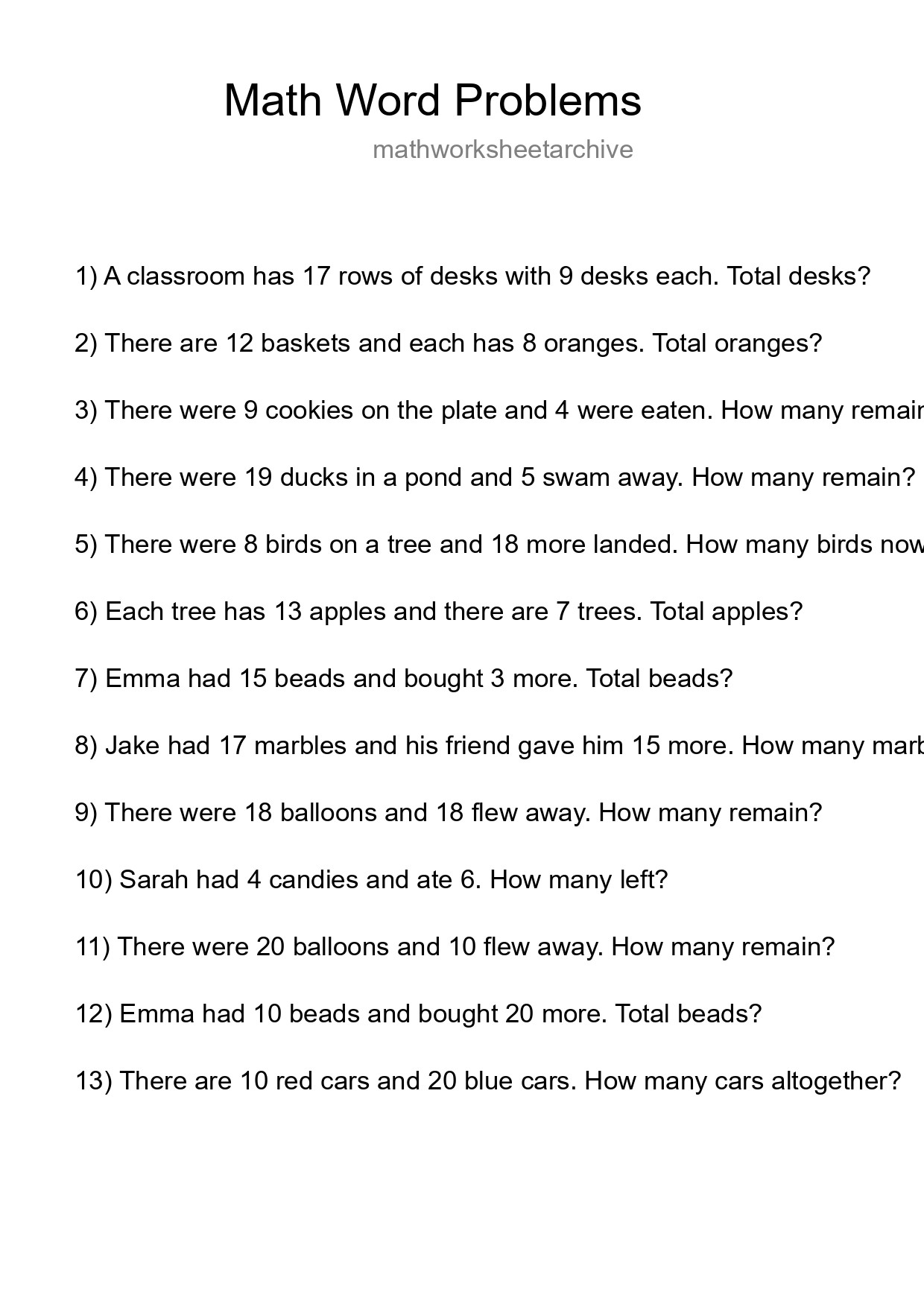 Math Word Problem Worksheet