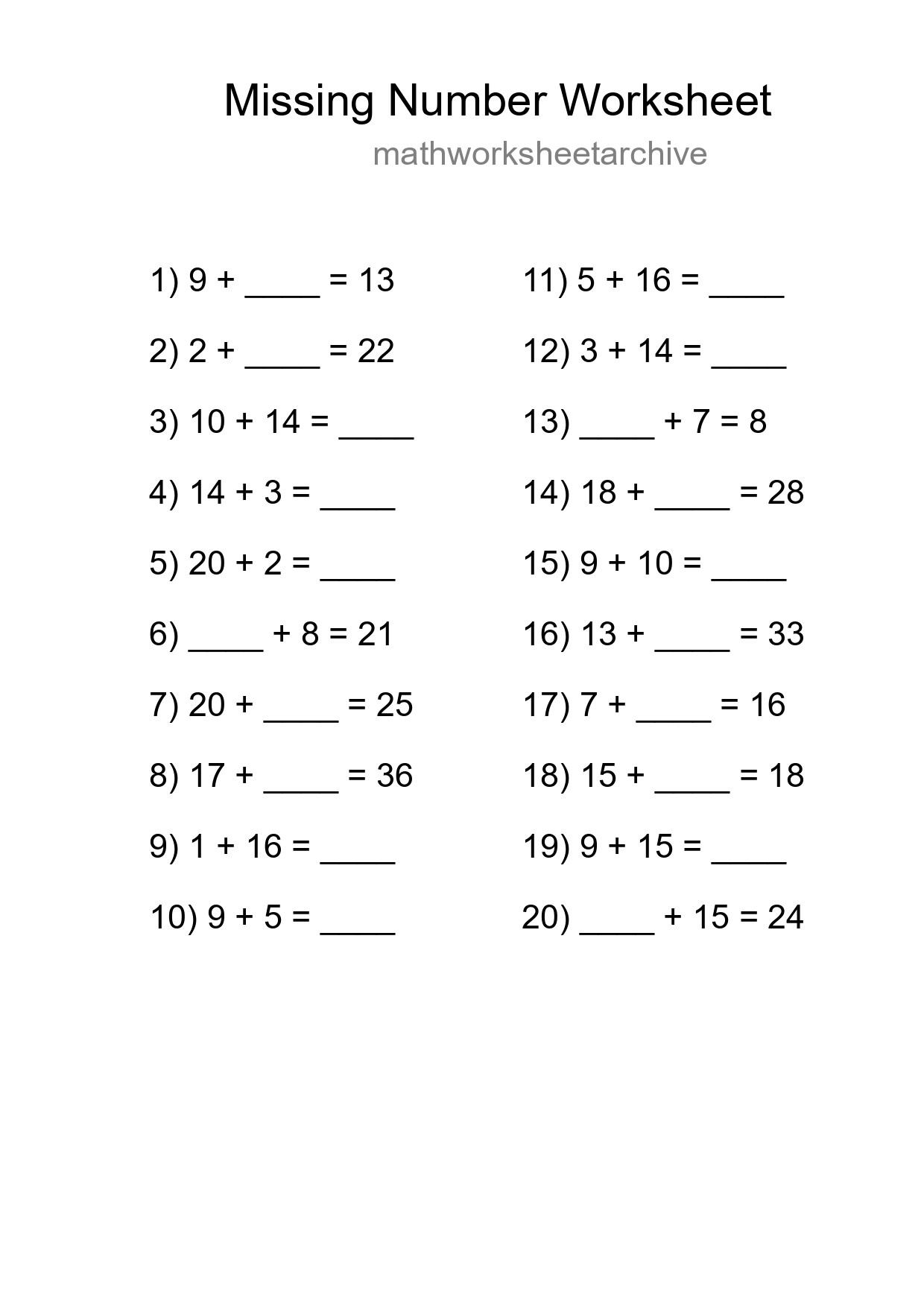 Missing Number Math Worksheet