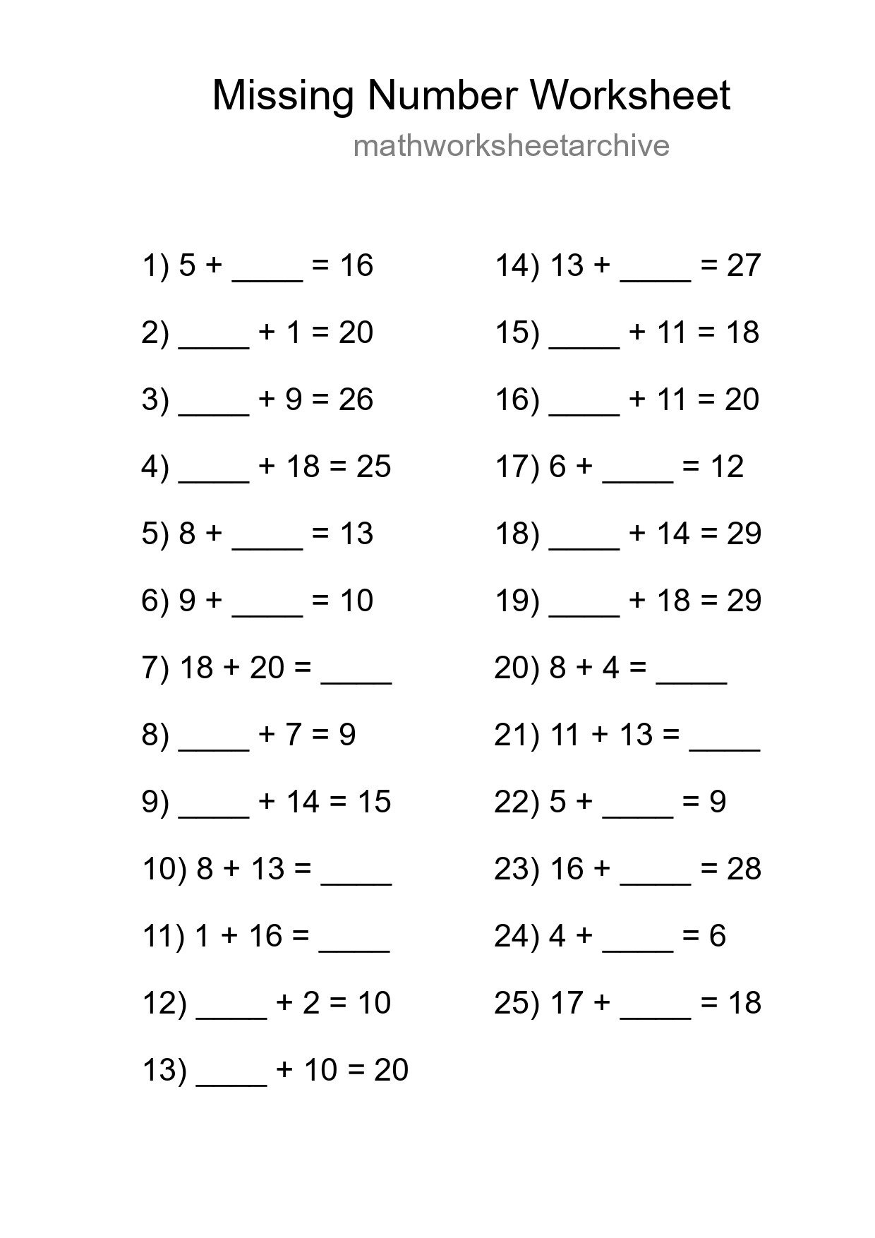 Missing Number Math Worksheet