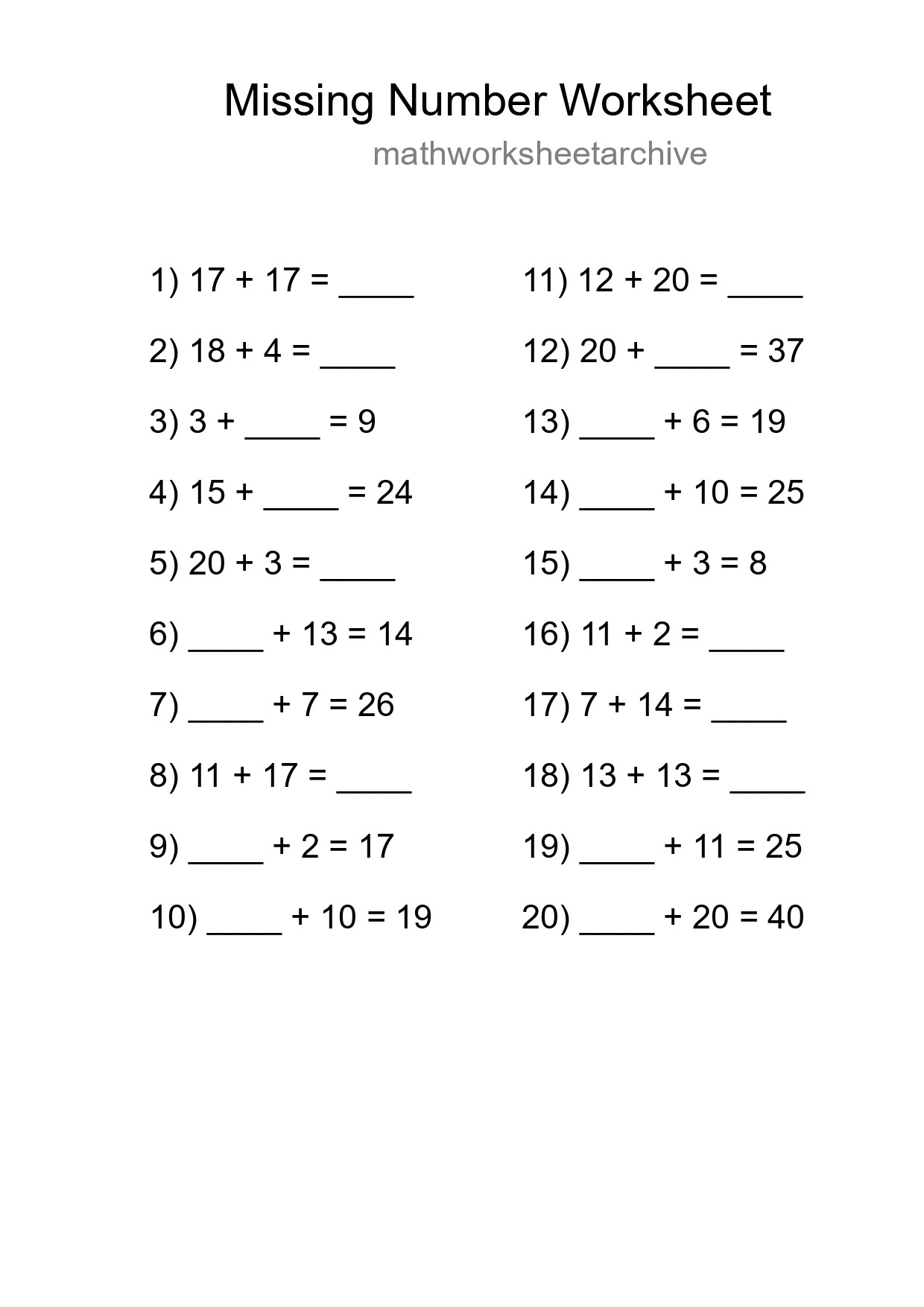 Missing Number Math Worksheet