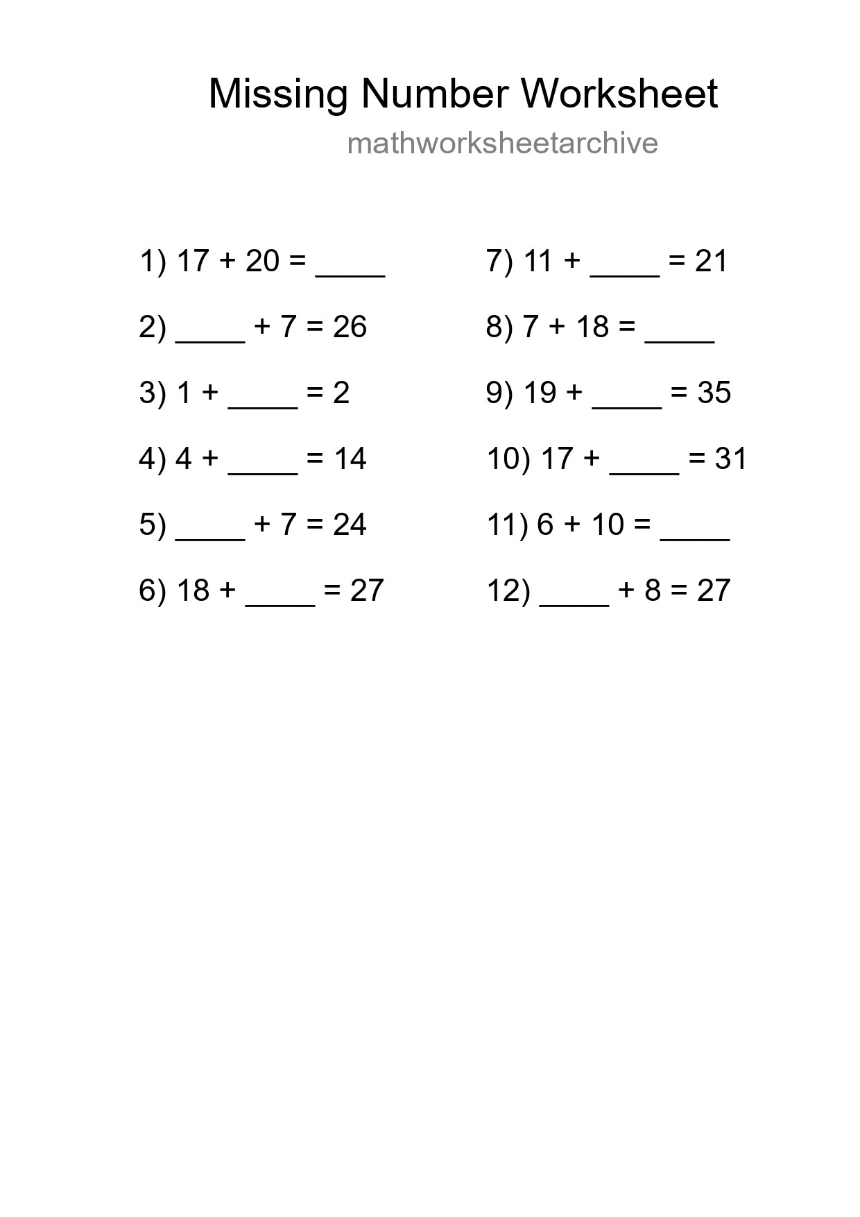 Missing Number Math Worksheet