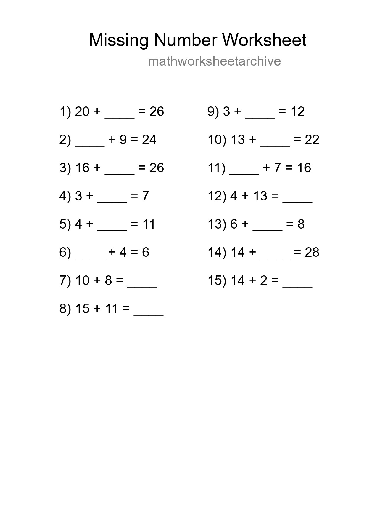 Missing Number Math Worksheet
