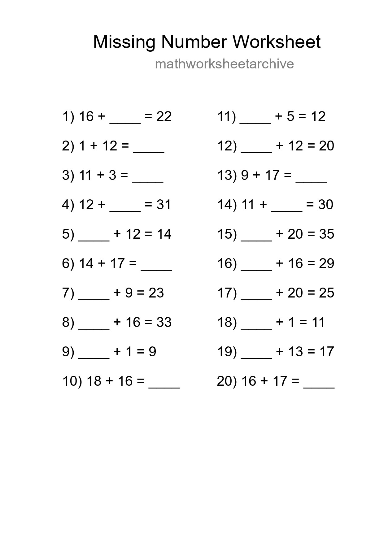 Missing Number Math Worksheet