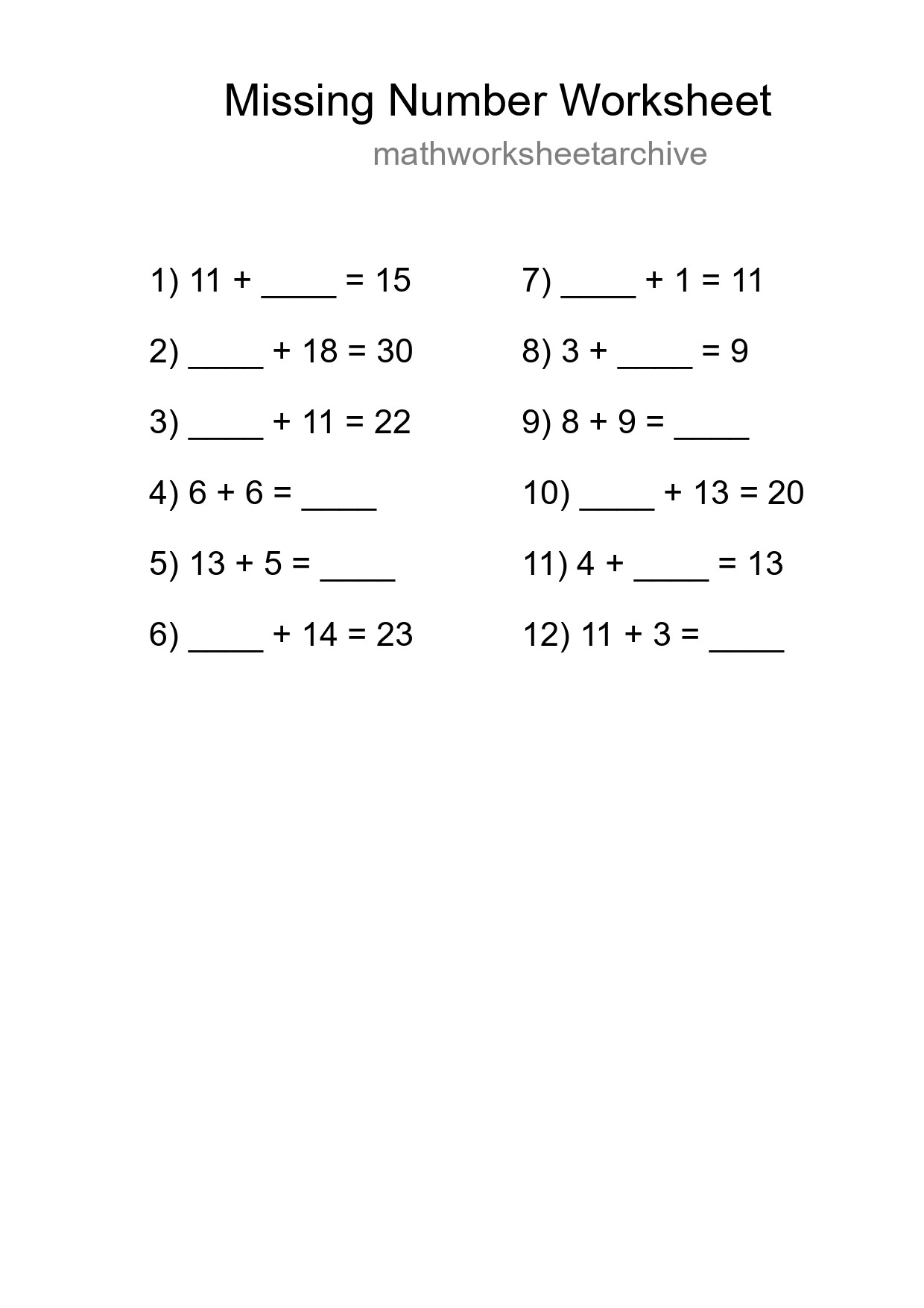 Missing Number Math Worksheet