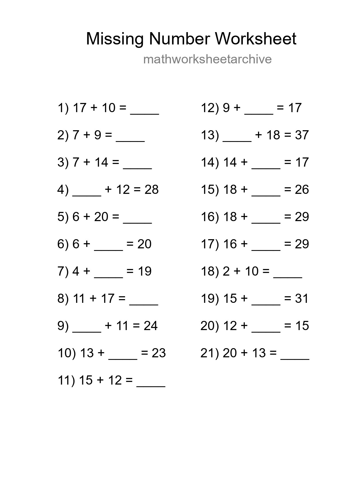 Missing Number Math Worksheet