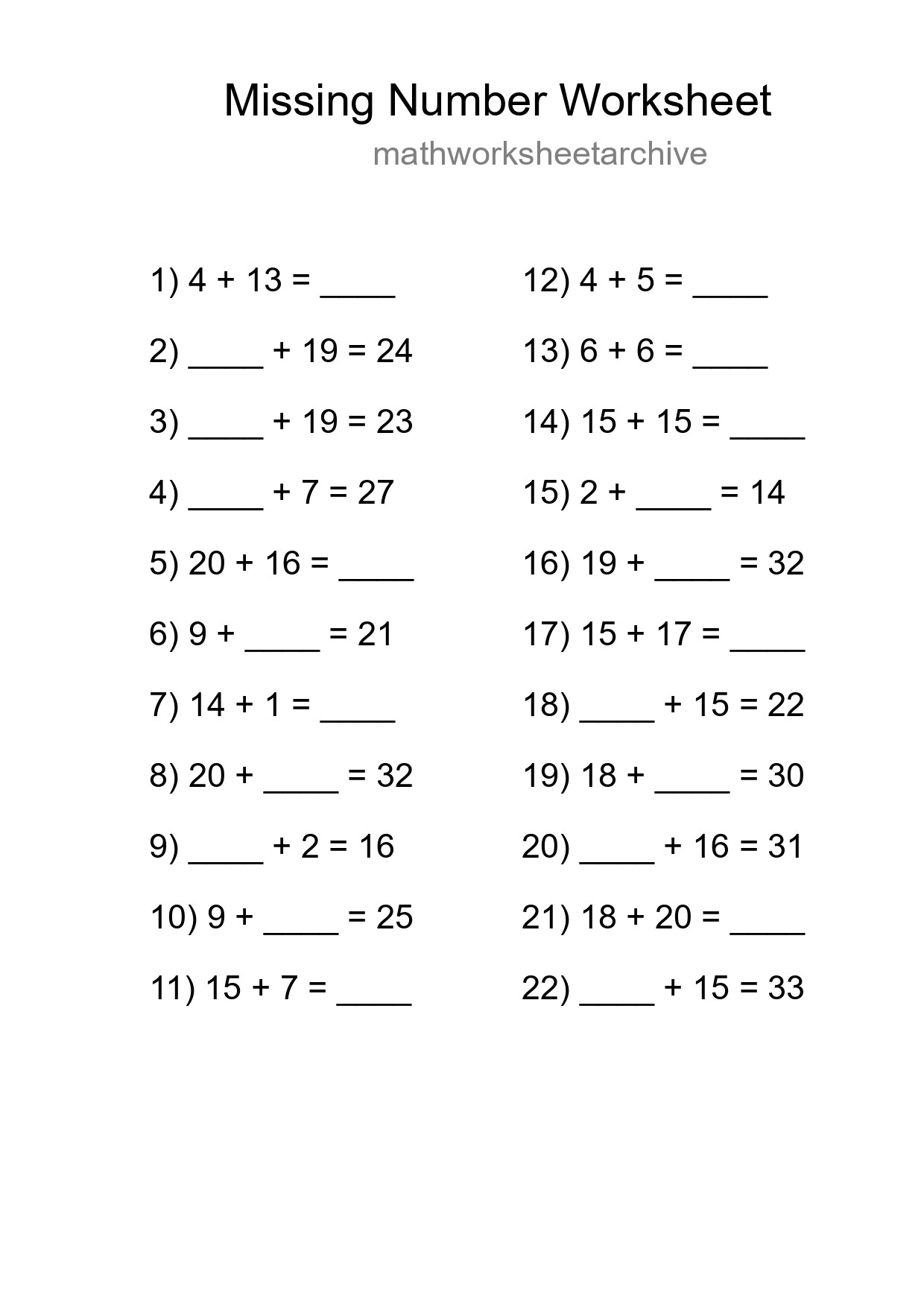 Missing Number Math Worksheet