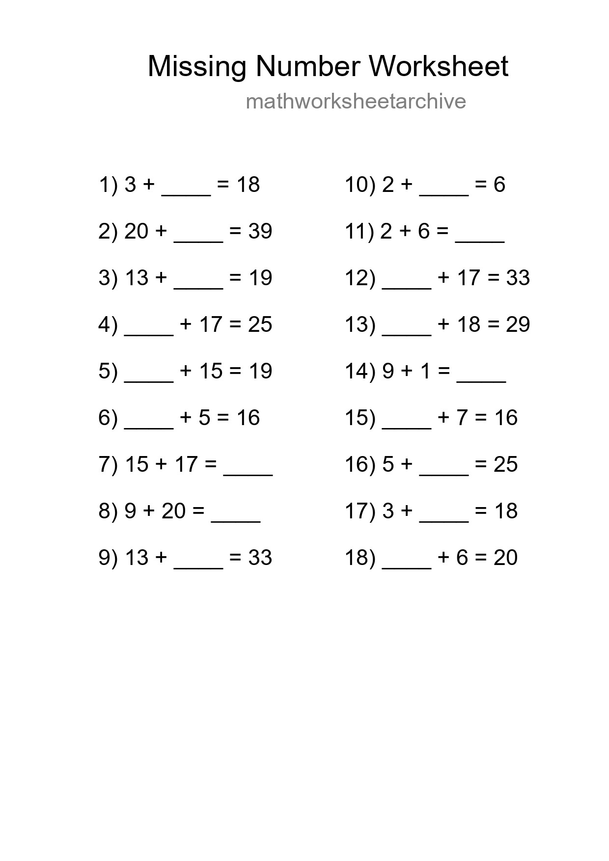 Missing Number Math Worksheet