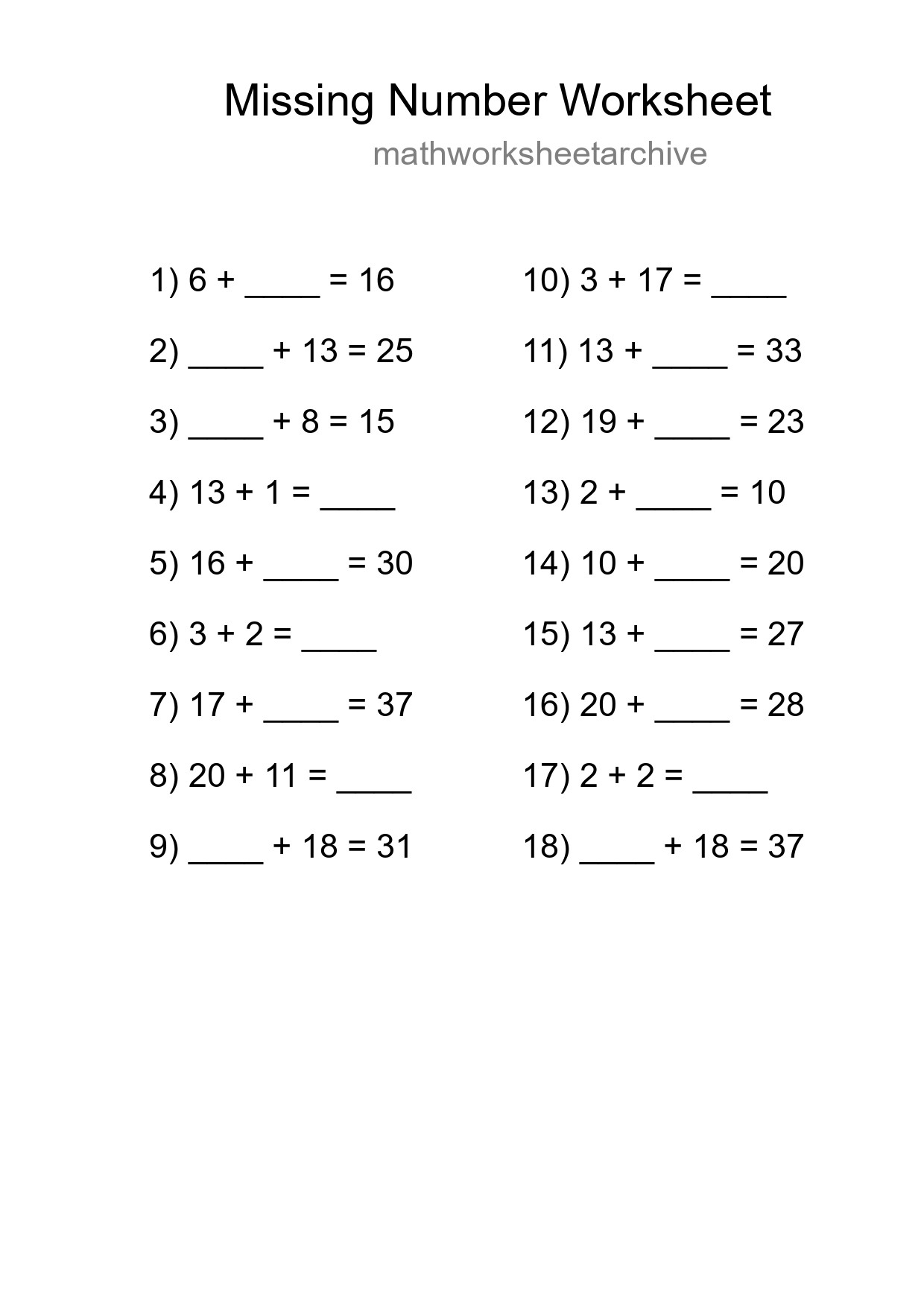 Missing Number Math Worksheet