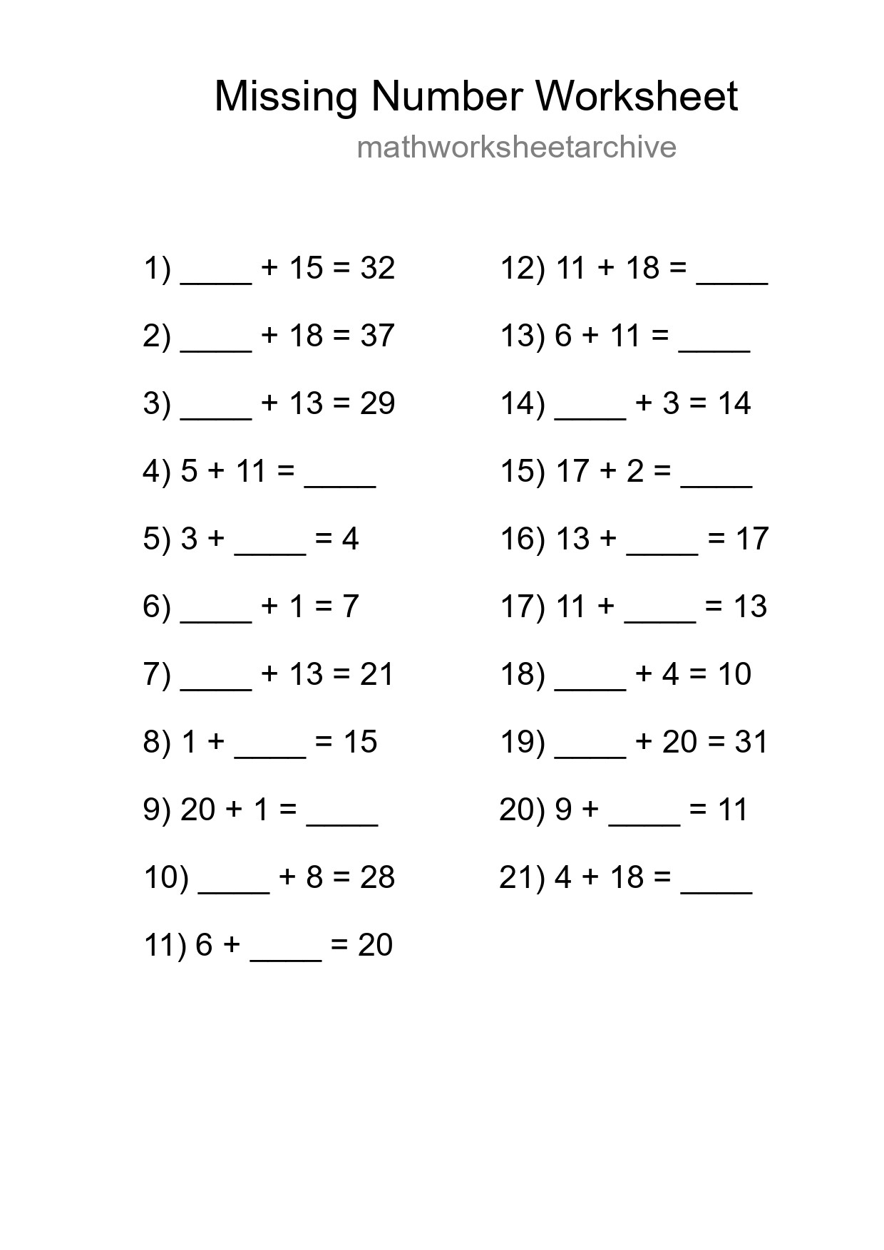 Missing Number Math Worksheet