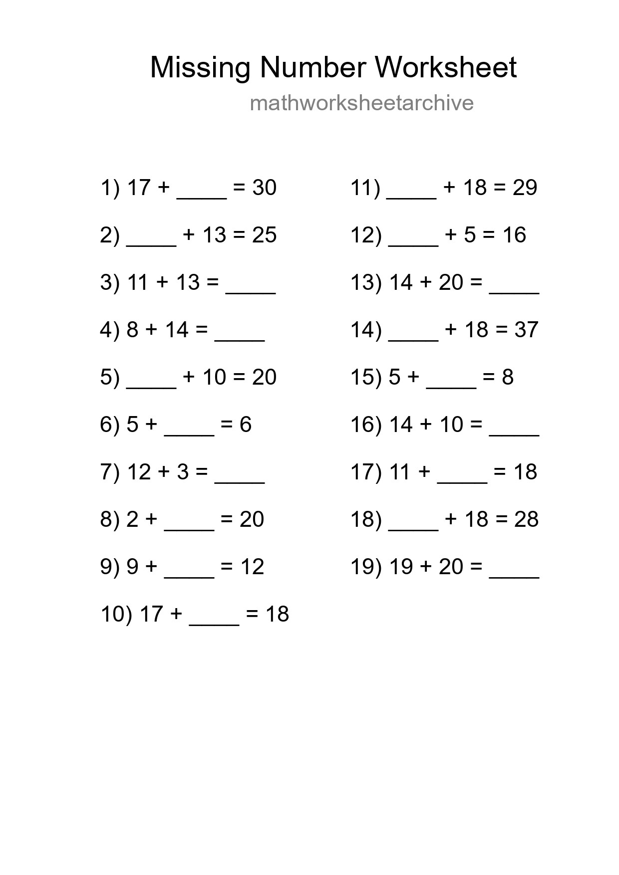 Missing Number Math Worksheet