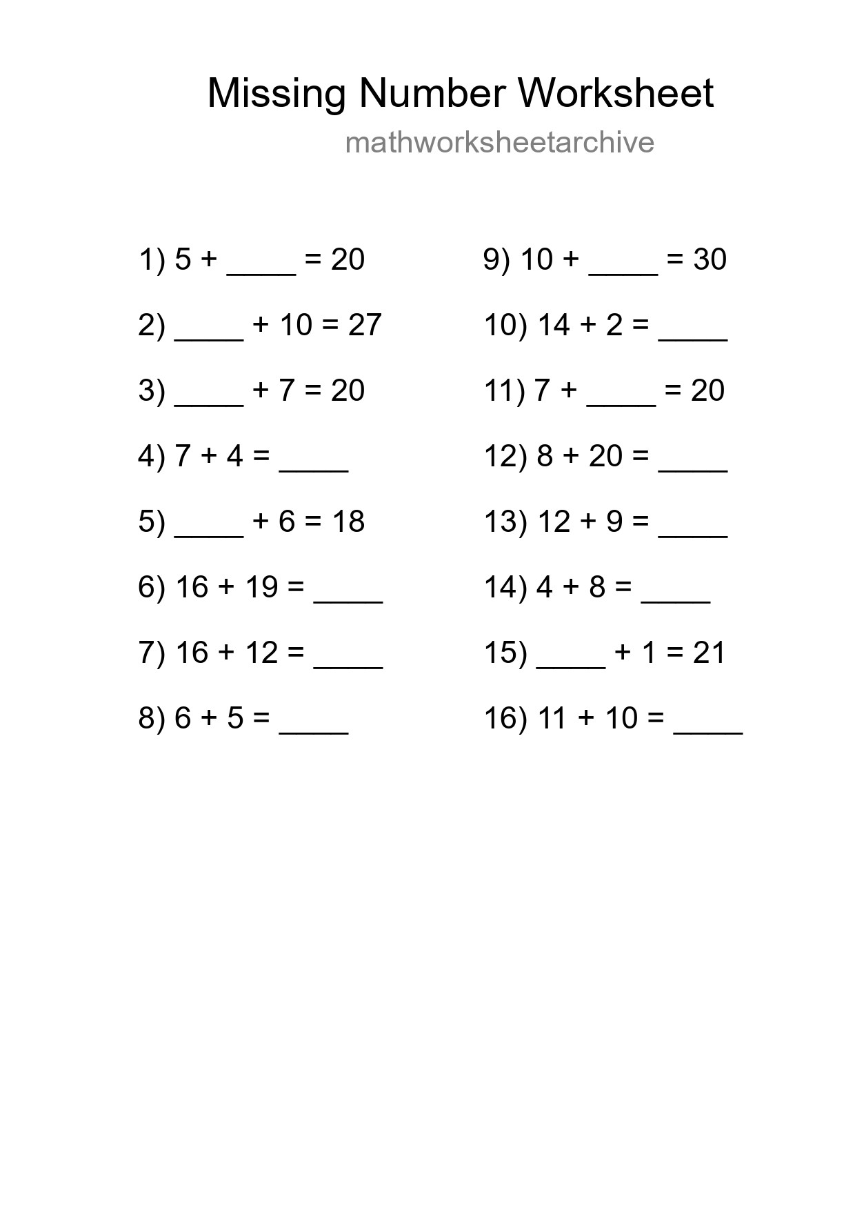 Missing Number Math Worksheet