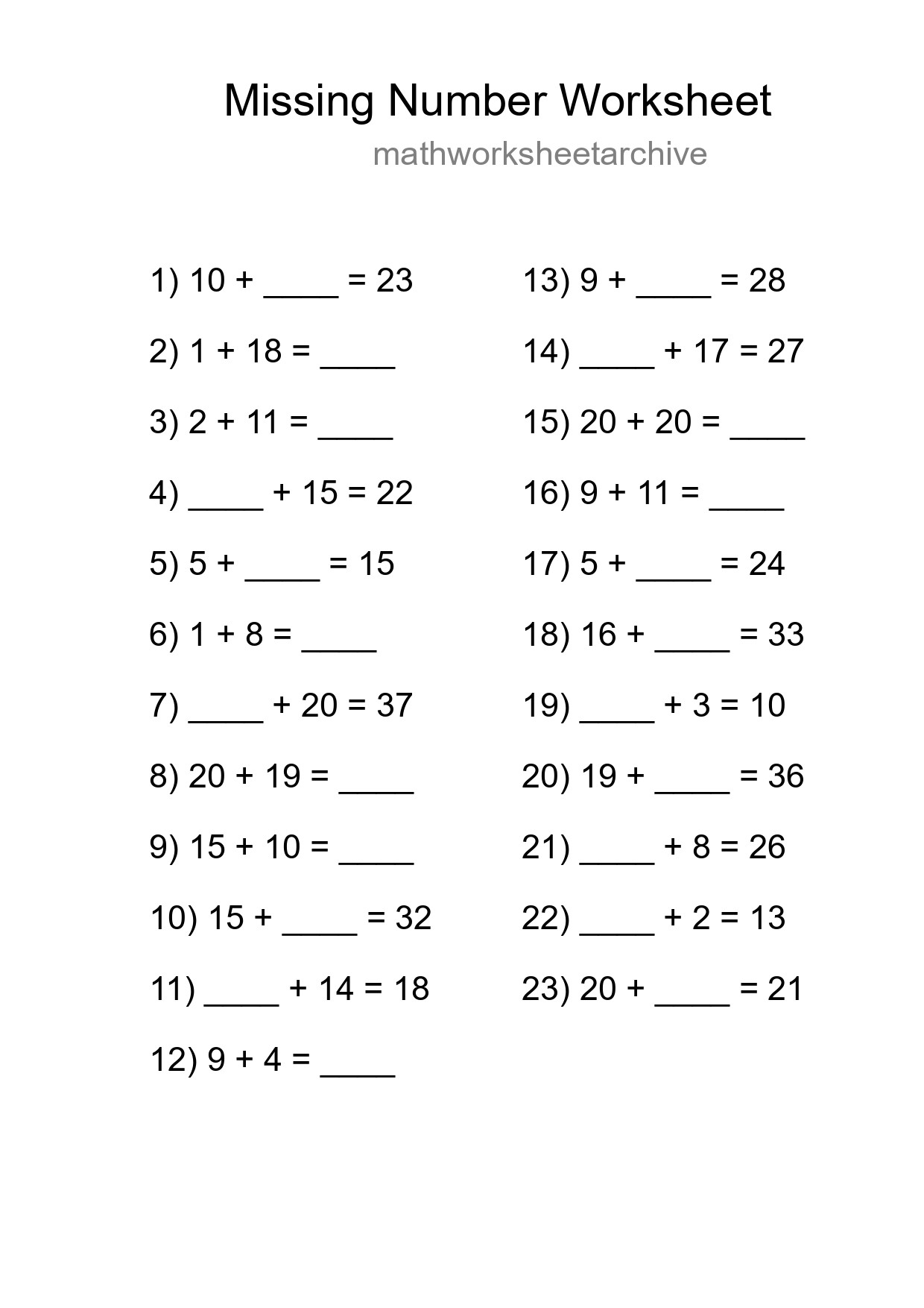 Missing Number Math Worksheet