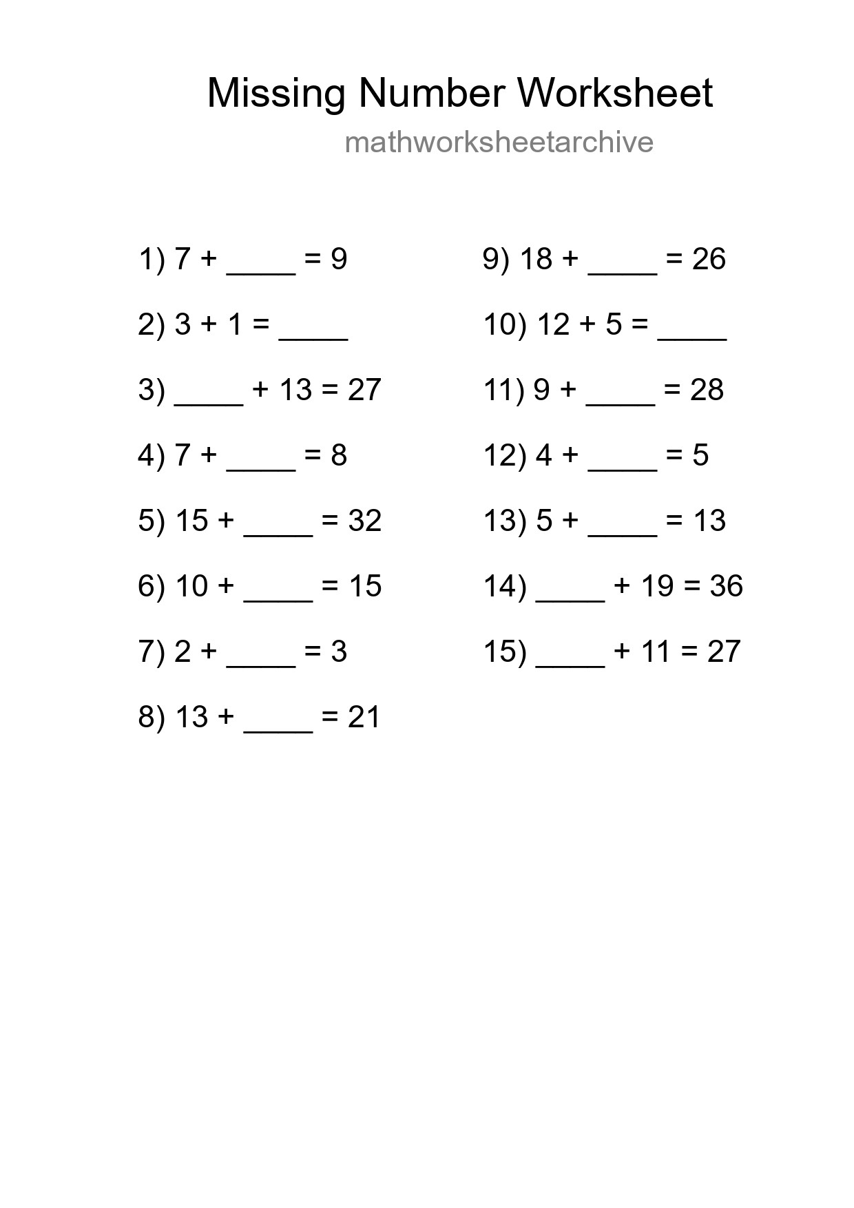 Missing Number Math Worksheet