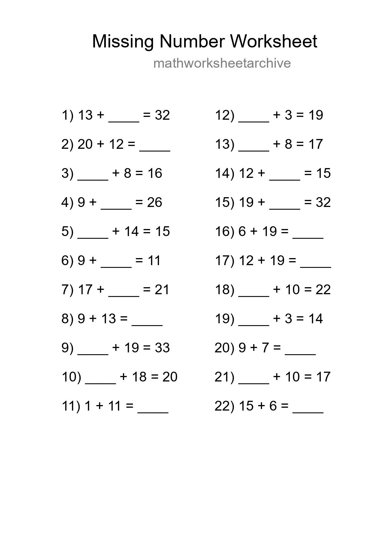 Missing Number Math Worksheet