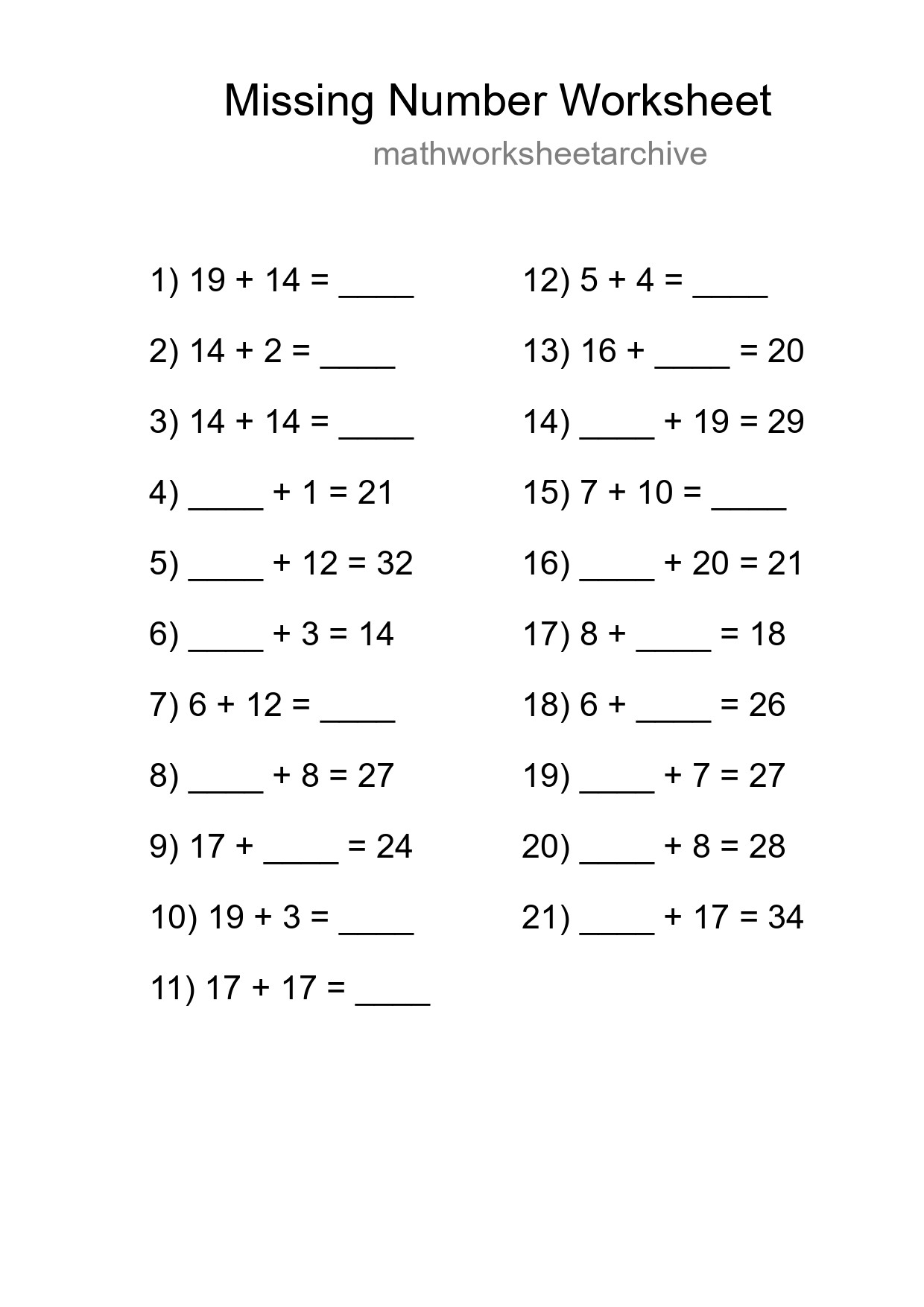 Missing Number Math Worksheet