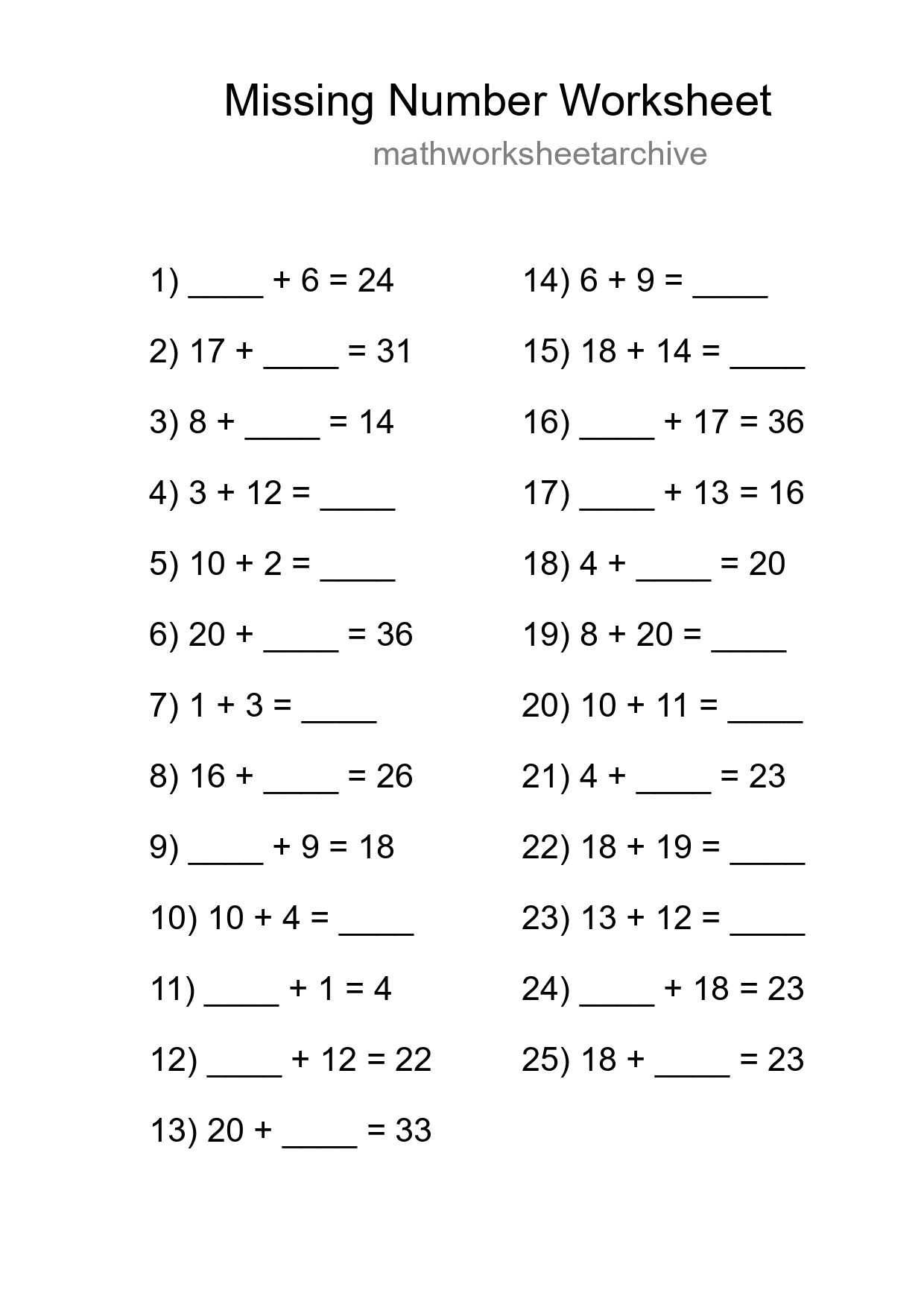 Missing Number Math Worksheet