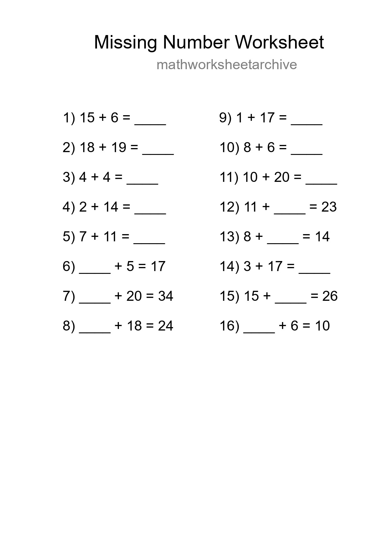 Missing Number Math Worksheet