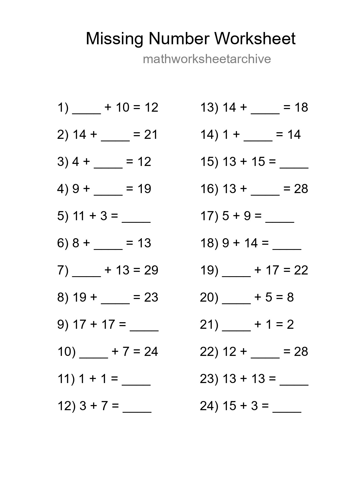 Missing Number Math Worksheet