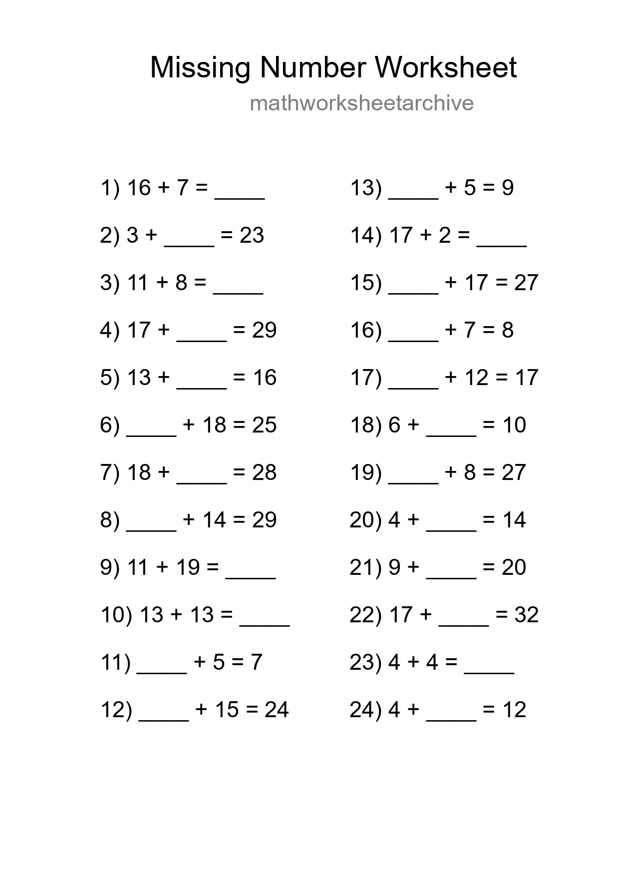 Missing Number Math Worksheet