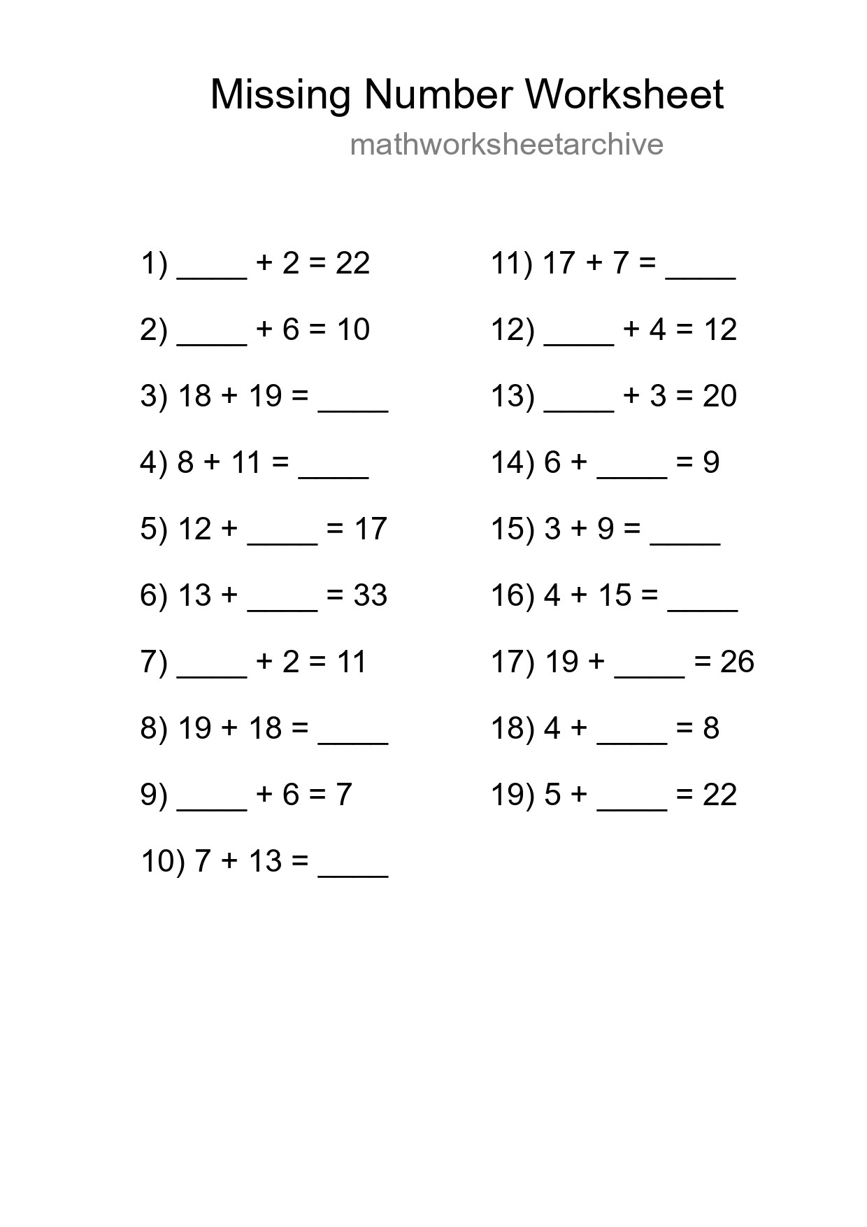 Missing Number Math Worksheet