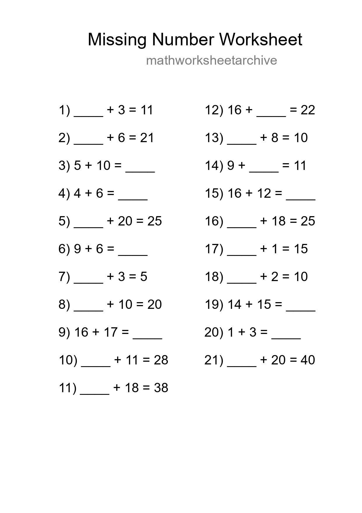 Missing Number Math Worksheet
