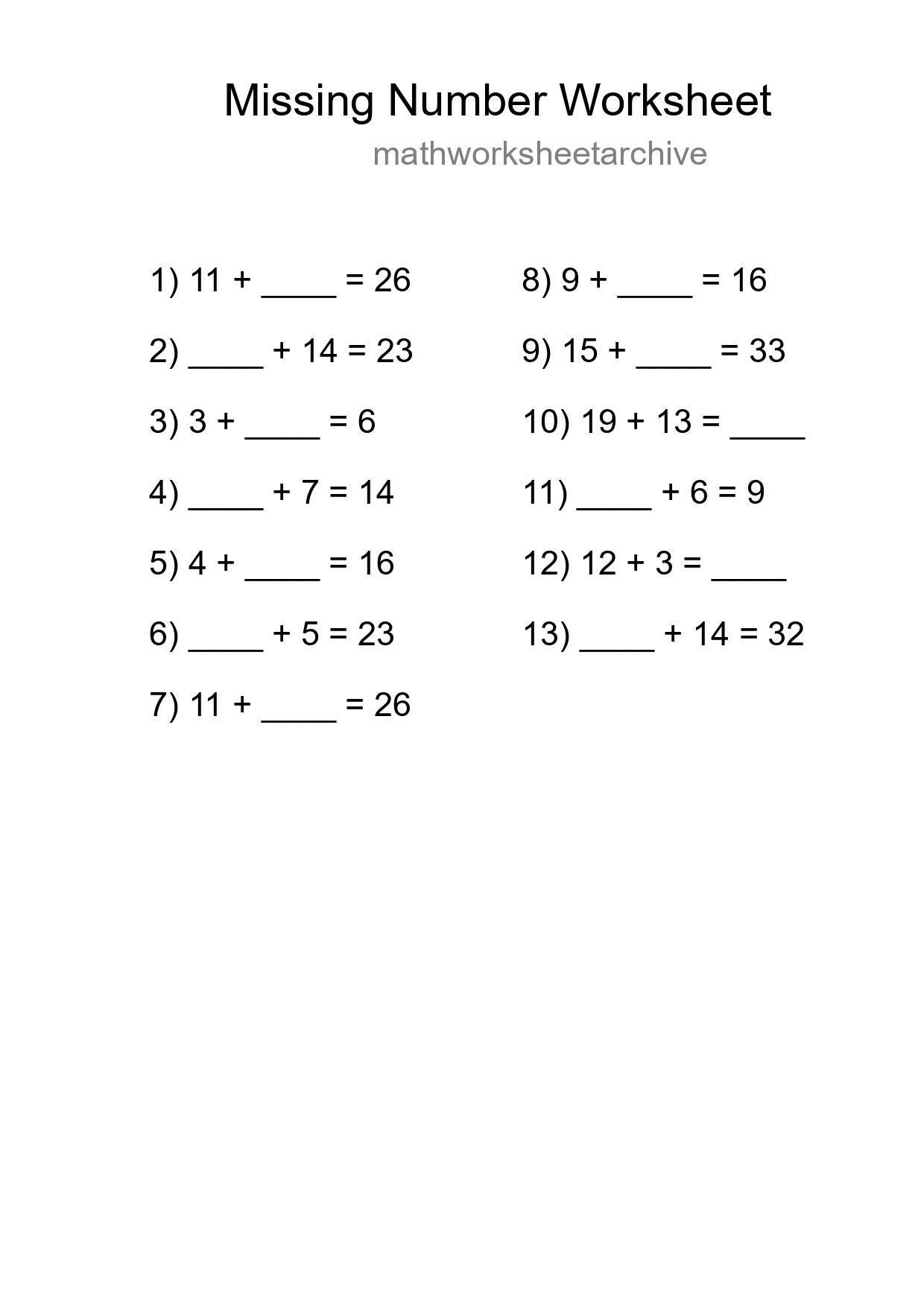Missing Number Math Worksheet