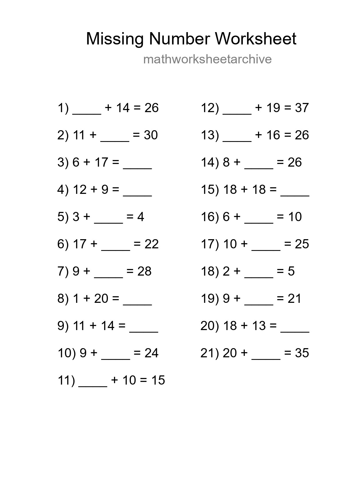 Missing Number Math Worksheet