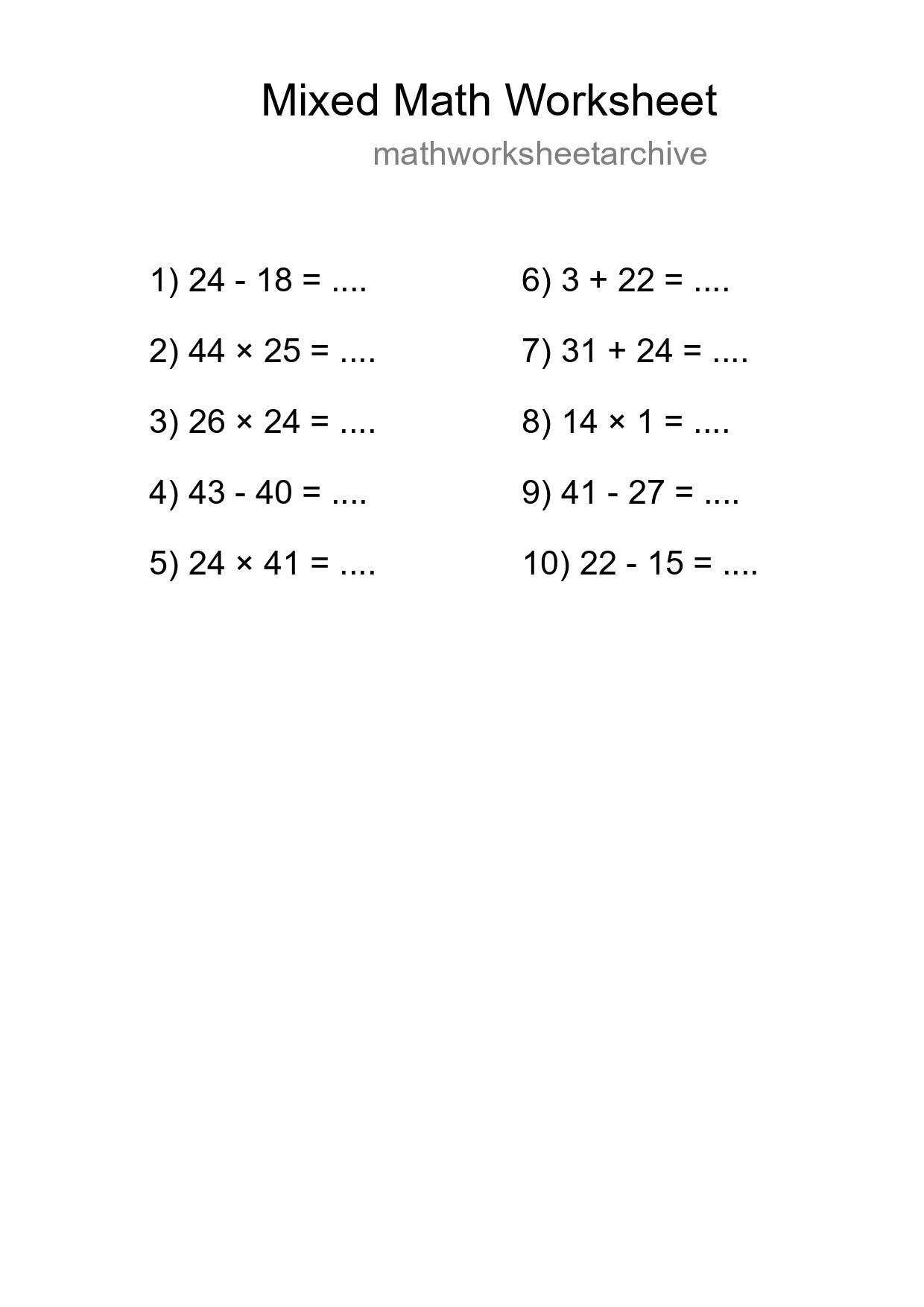 Mixed Operations Math Worksheet