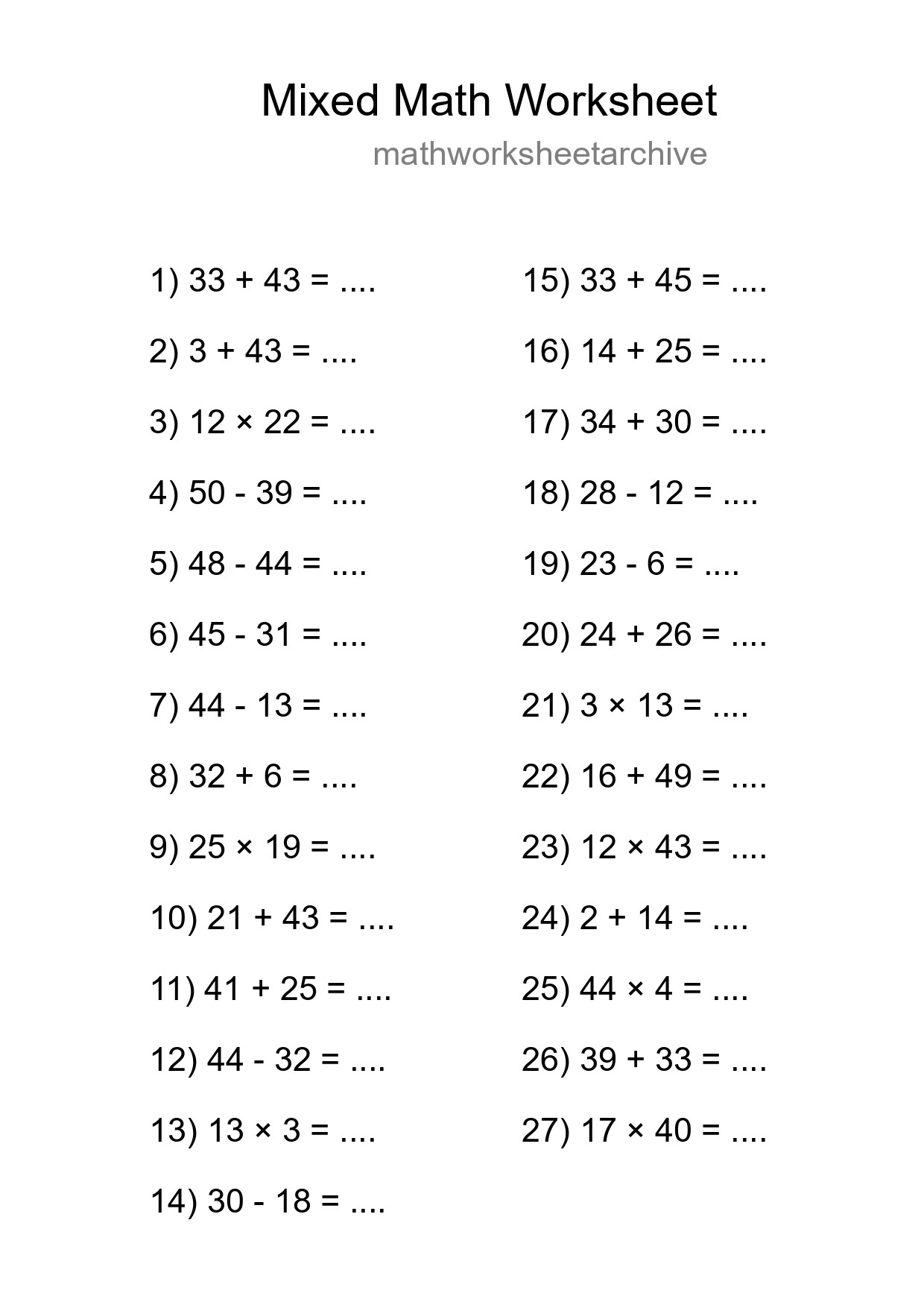 Mixed Operations Math Worksheet