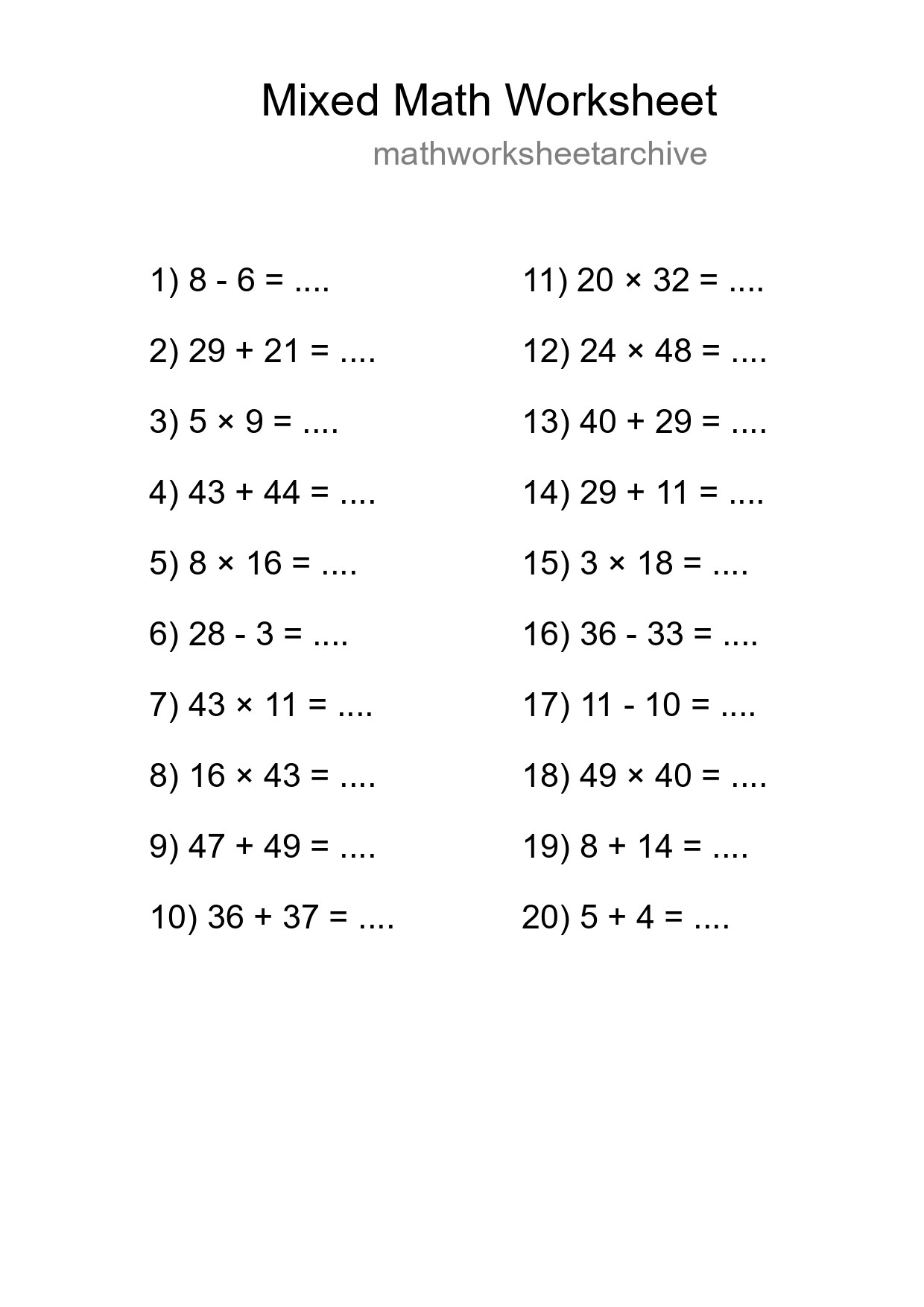 Mixed Operations Math Worksheet